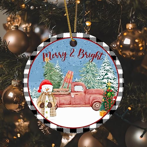 Miniatura 1 de Adornos de Navidad de búfalo a cuadros alegres y brillantes, muñeco de nieve, trineo, camión rojo, adorno redondo para árbol de Navidad, adorno de