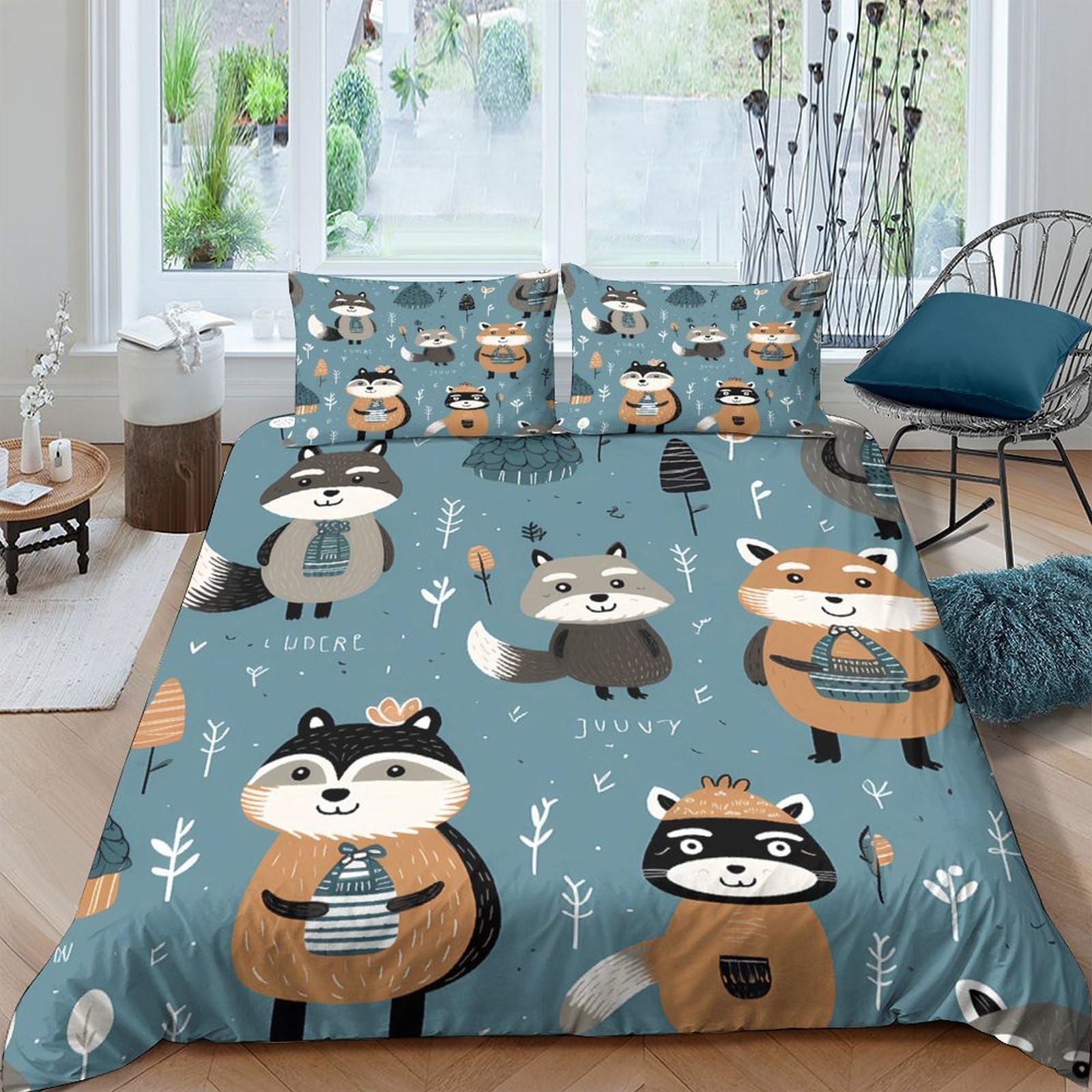 XFKLYNVCJ 3D Printed Fox characters Bedding Cover Microfiber cartoon forest animals Quilt Cover Hypoallergenic Wrinkle Free Comfortable for Guest Room Daily Bedding Use Single（140x200cm）