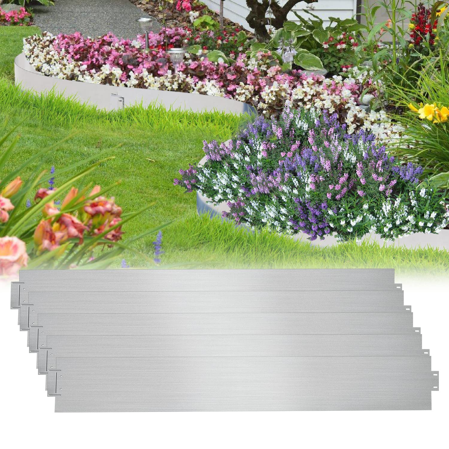 Bordure de pelouse en métal 15m - 15 pièces Bordure de Tonte, galvanisé Flexible Bordure de Parterre Longueur par Bande 5m - Hauteur 15cm, argenté
