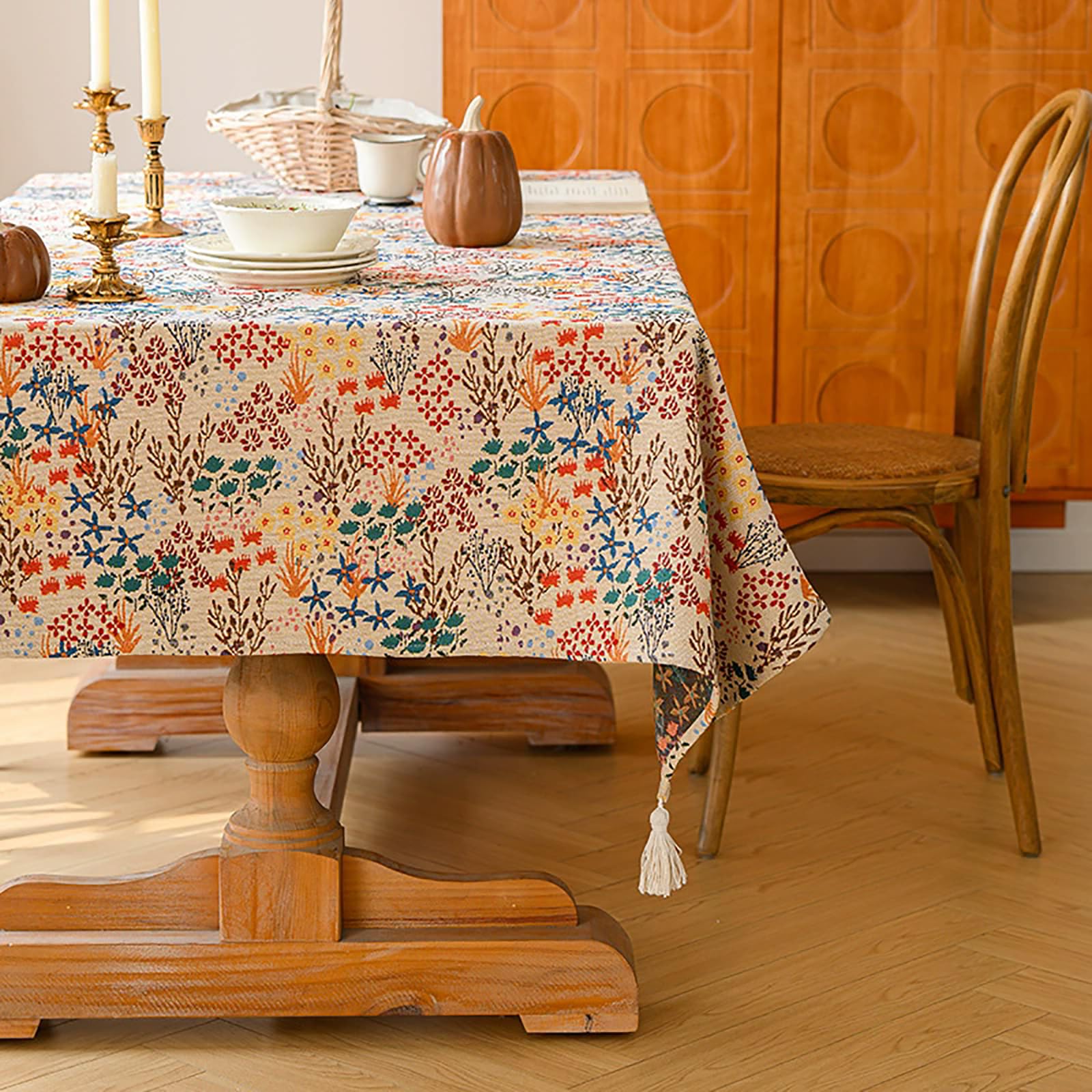 ENWIND Farmhouse Floral Tablecloths with Tassel Rustic French Embroidered