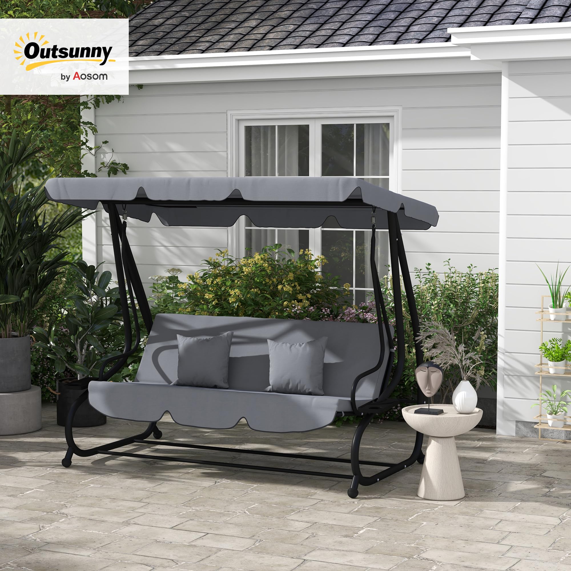 Outsunny Balancelle de Jardin 3 Places Convertible Toit Inclinaison réglable Métal Époxy Noir Polyester Gris foncé