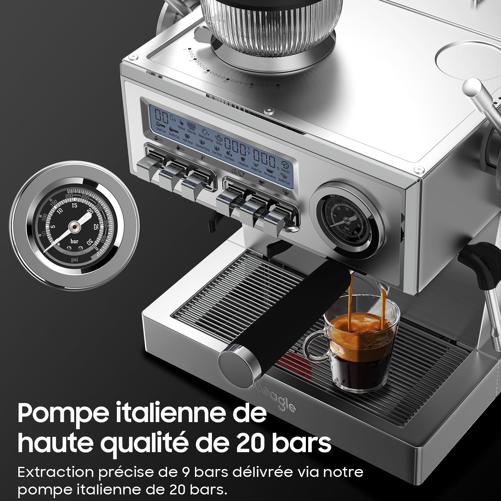 iceagle Machine expresso avec Pompe Italienne de 20 bar, Cafetière a Grain avec Broyeur, Machine à Café avec Mousseur à Lait, Kit Barista, 3 Températures, 25 Niveaux de Mouture, 1,6 litre, Acier Inox