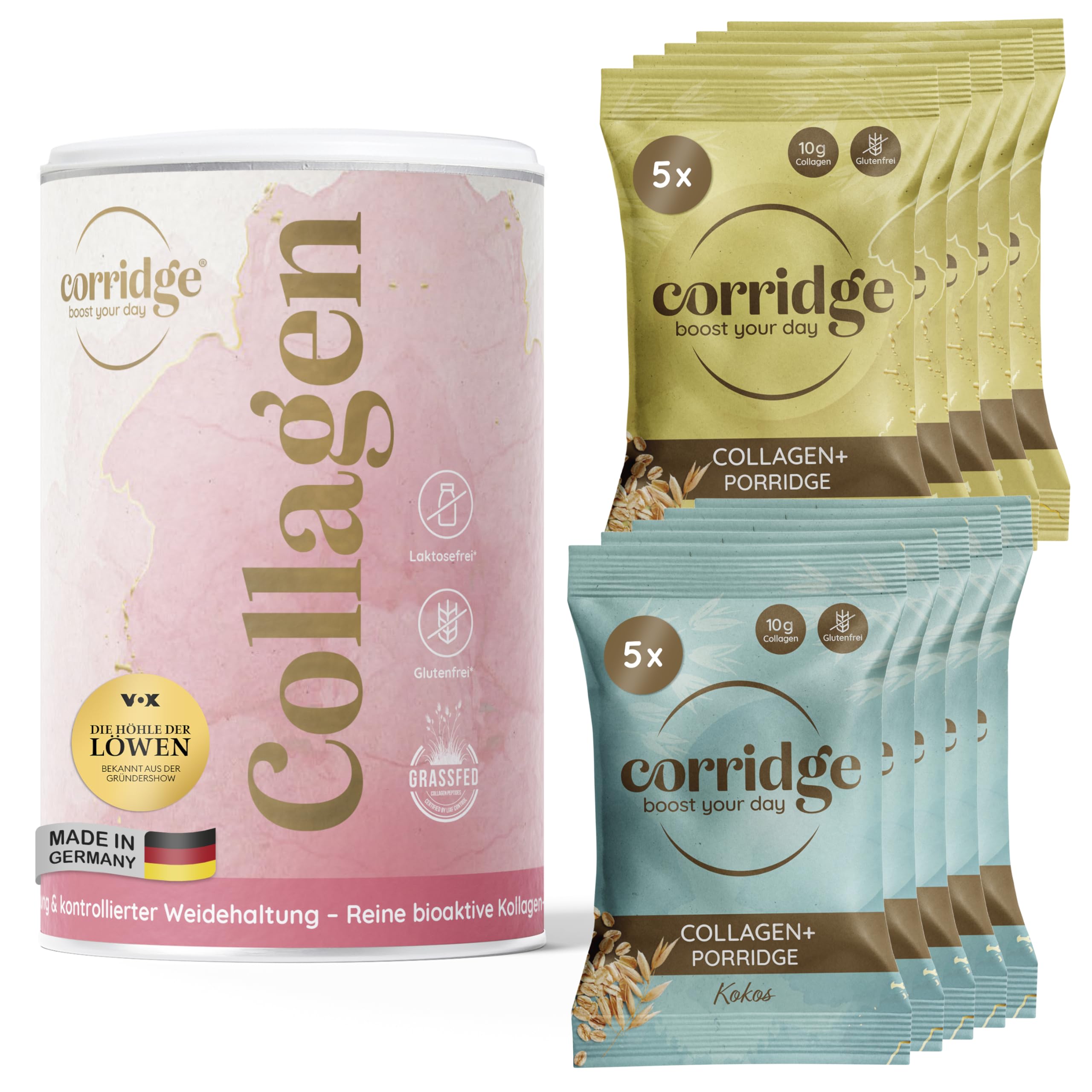 Probierpaket High Protein Porridge & Collagen Pulver - Haferflocken mit Kokos & Bananengeschmack - Bioaktives Collagenpulver leicht löslich - Typ I & III Kollagen für Haut Haare & Gelenke