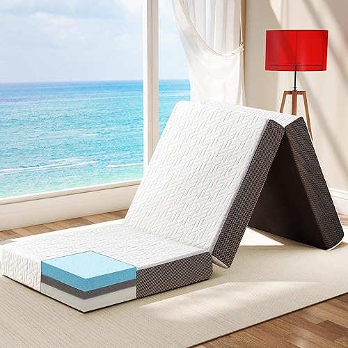Hanherry Colchón plegable de 4 pulgadas, tamaño individual, colchón de espuma viscoelástica portátil de tres pliegues con bolsa de almacenamiento,