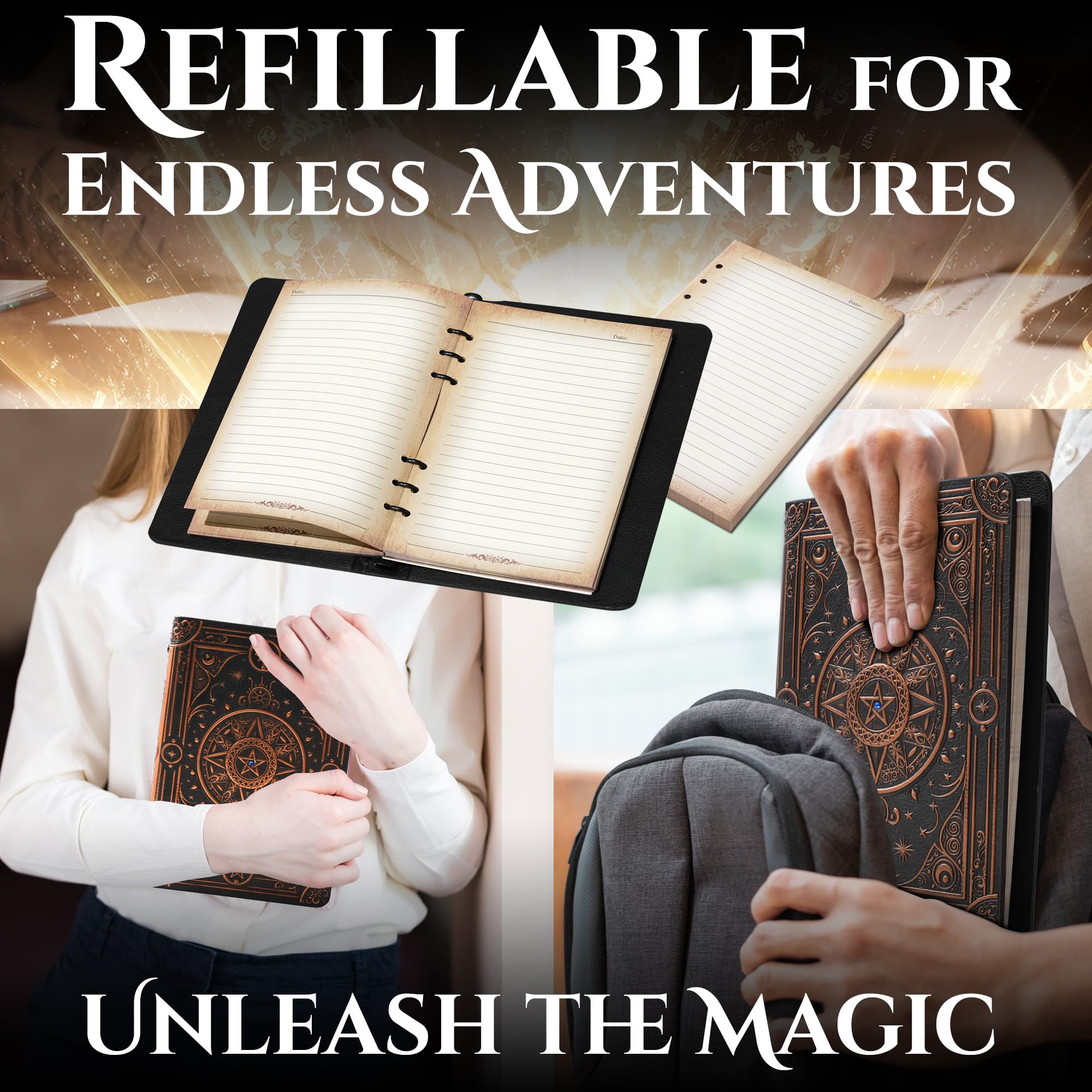 Magic Nachfüllbares Notizbuch Journal Binder für DND - A5 Story Forge 400 Seiten (200 Blatt) mit abgenutztem Ancient Magic Design für DND- oder Fantasy-Enthusiasten - Perfekt für Dungeons and Dragons
