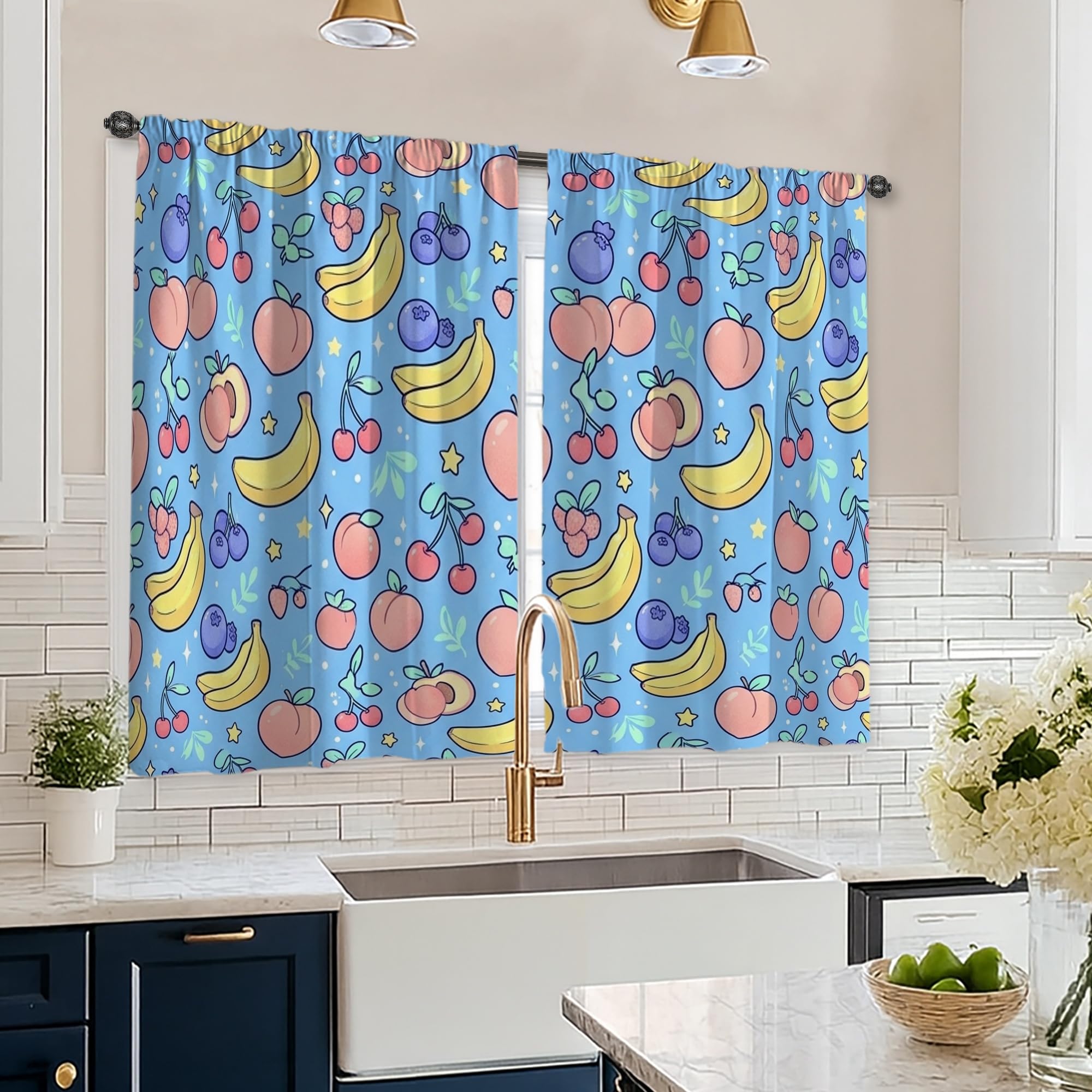 Rideaux de cuisine banane fruits colorés 66x114 cm pour fenêtre de salle à manger bleu d'été