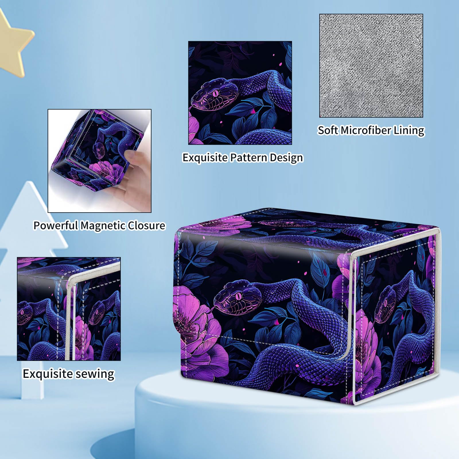 ACWDMKH for MTG Commander Deck Box,Card Deck Box for Trading Yugioh MTG,Fits 100 Double Sleeved Cards,PU Leather Strong Magnet Case for Magic Commander TCG CCG,Purple Snake Flower