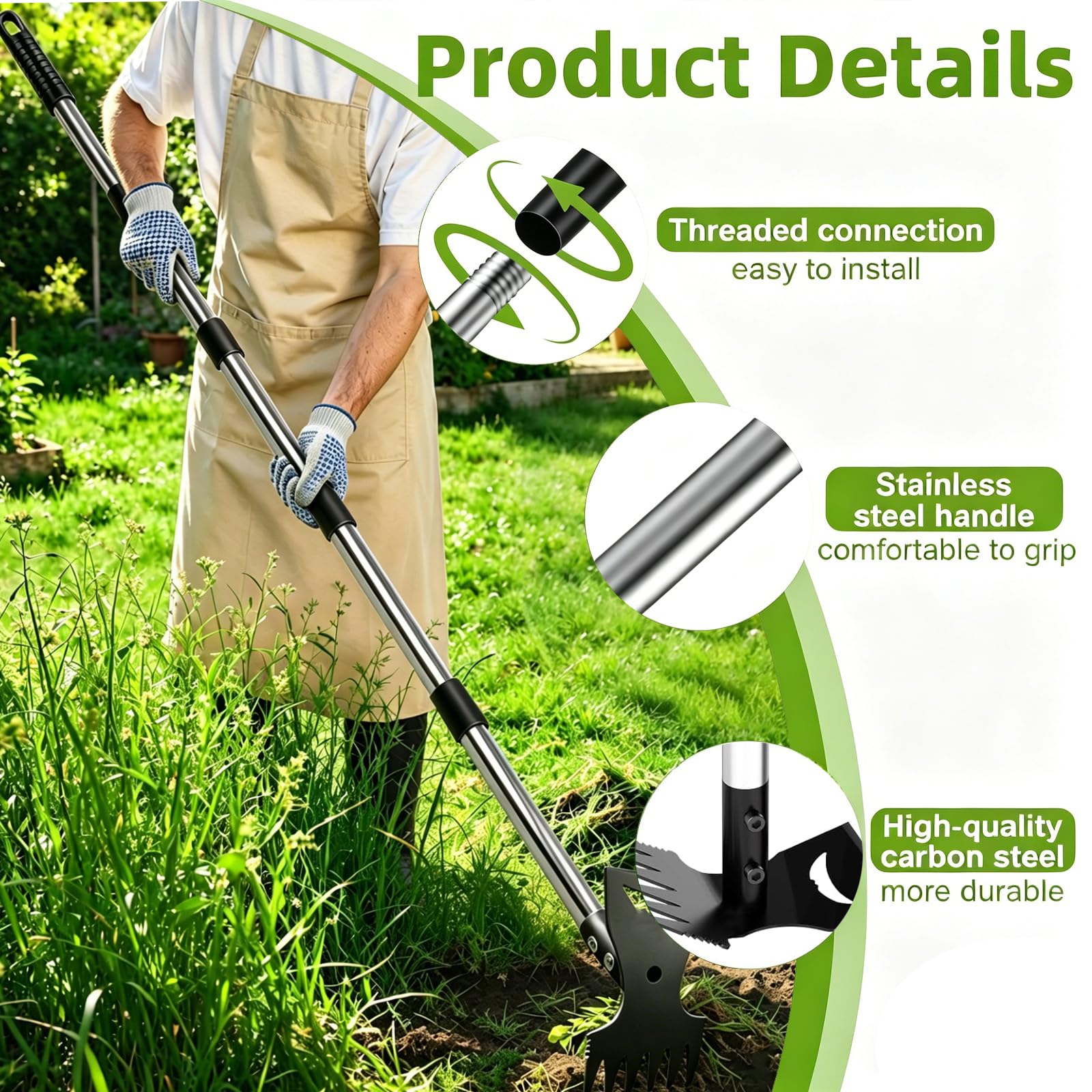 Rastrello Sarchiatore 2 in 1 Attrezzo Manuale per Estirpare Erbacce con Manico Lungo Zappa da Giardino