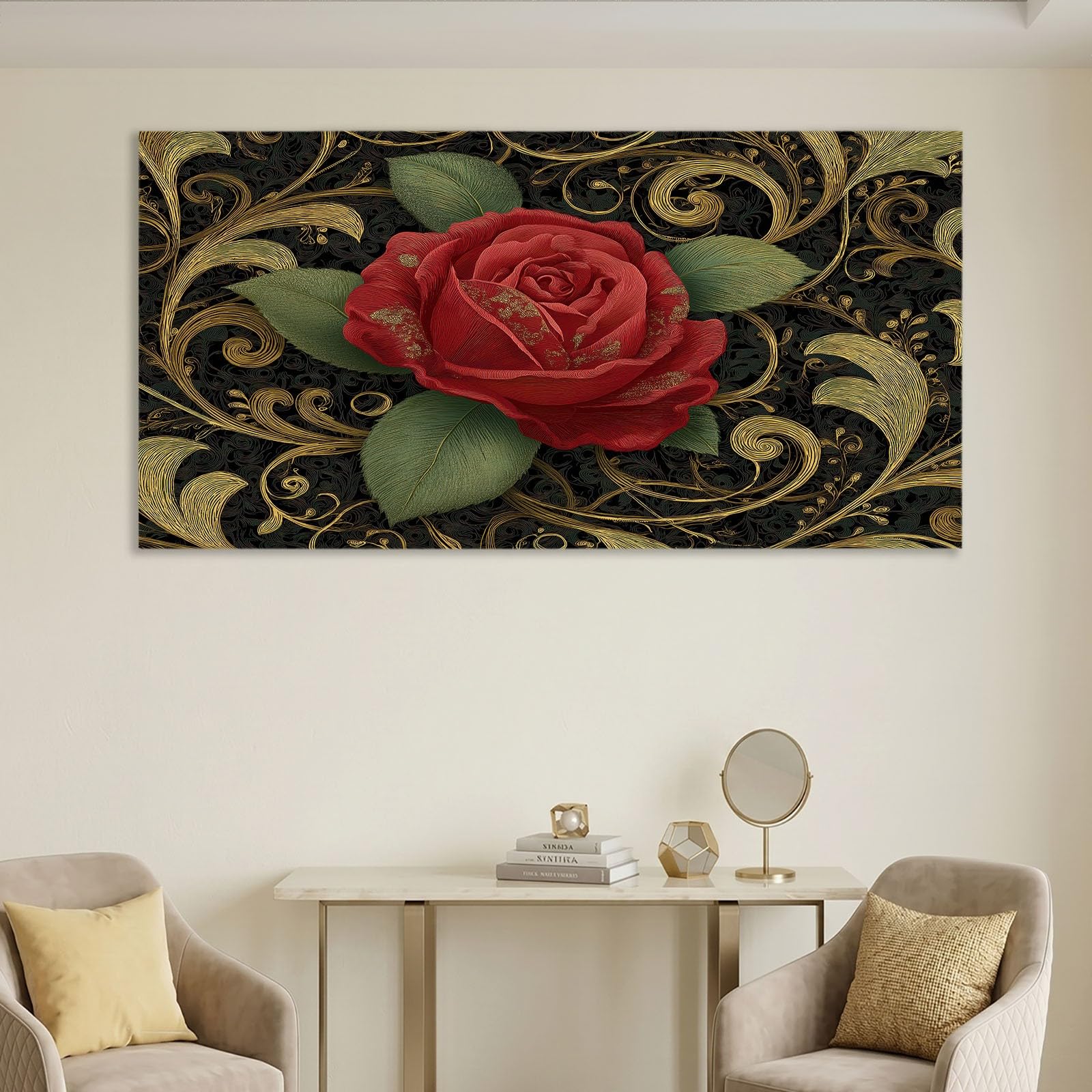 Quadro su tela, 120 x 80 cm, stampa floreale di lusso, stampa artistica su tela, decorazione per camera da letto, regalo, rosa rossa