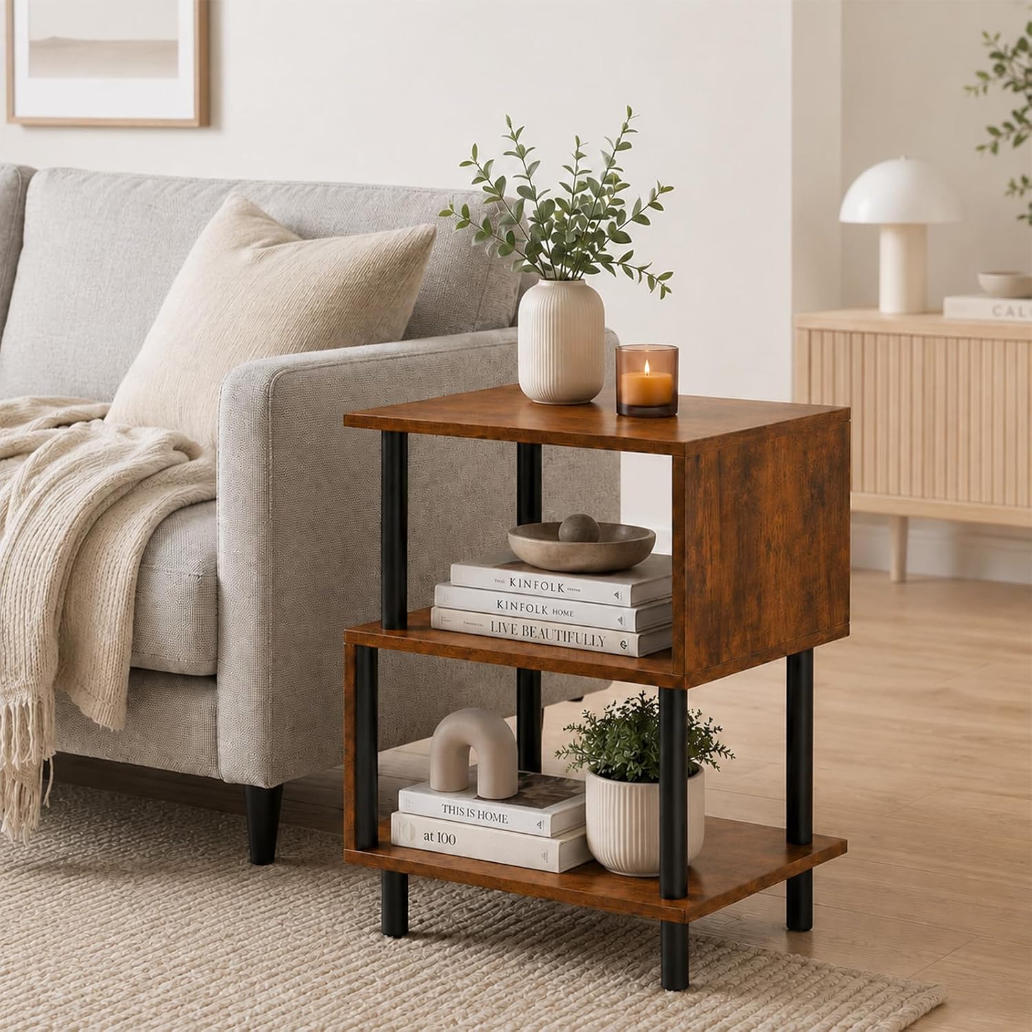Frylr Small Side Table, End Table and Nightstand with 3-Tier Wood Shelves, Sturdy Metal Frame with 44 LBS Capacity per Shelf, Easy to Assemble for Living Room or Bedroom,Dark Brown