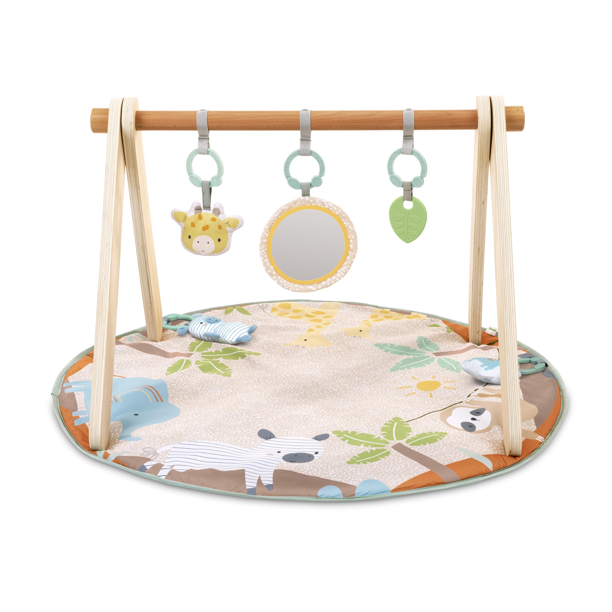 Ingenuity Wonder & Wood Alfombra de juego para bebé con arco de madera – Gimnasio plegable con barra en forma de A y 3 juguetes desmontables, alfombra lavable a máquina, 0 a 36 meses