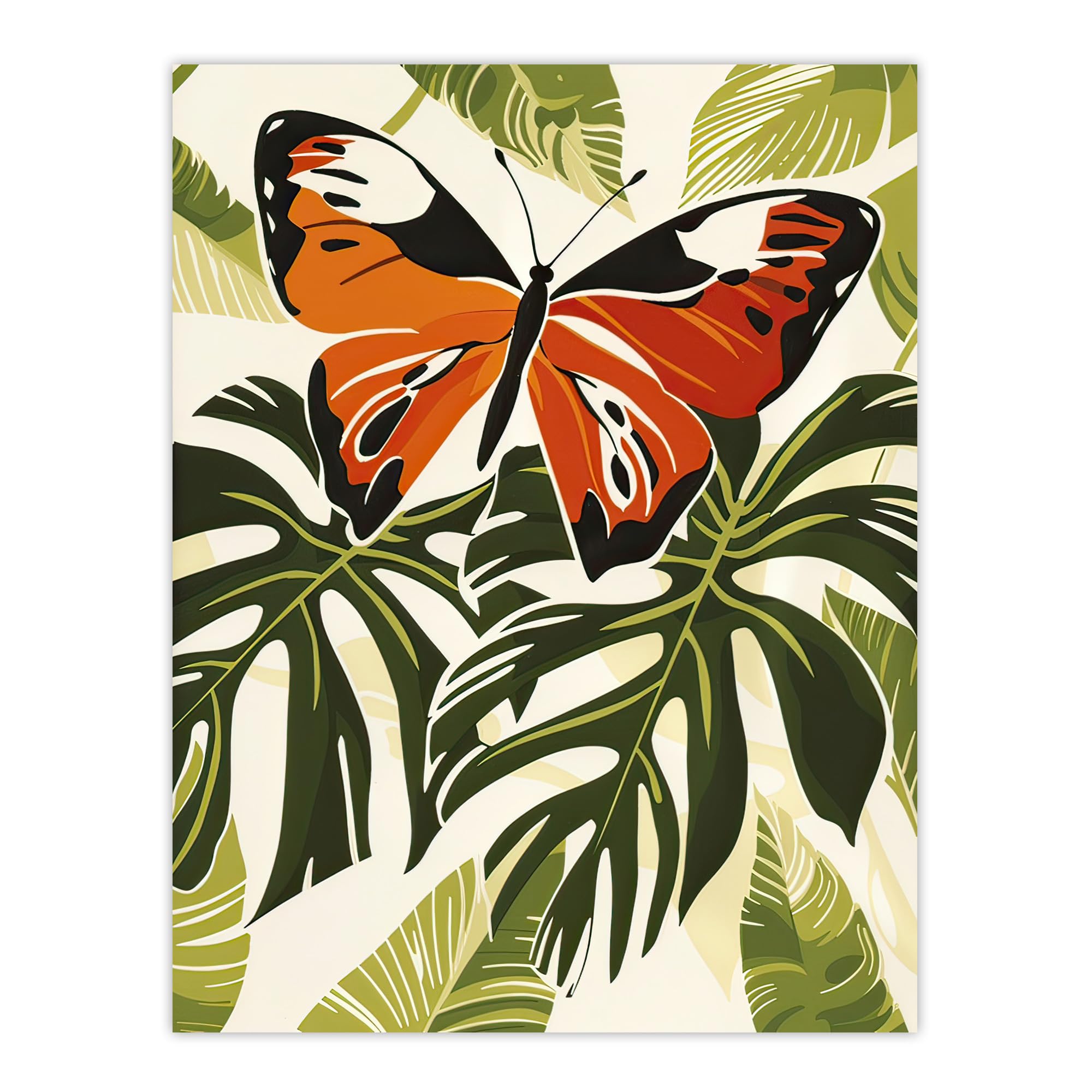Artery8 Orange Monarch Butterfly on Monstera Plant Design Living Room Extra Large XL Wall Art Poster Print