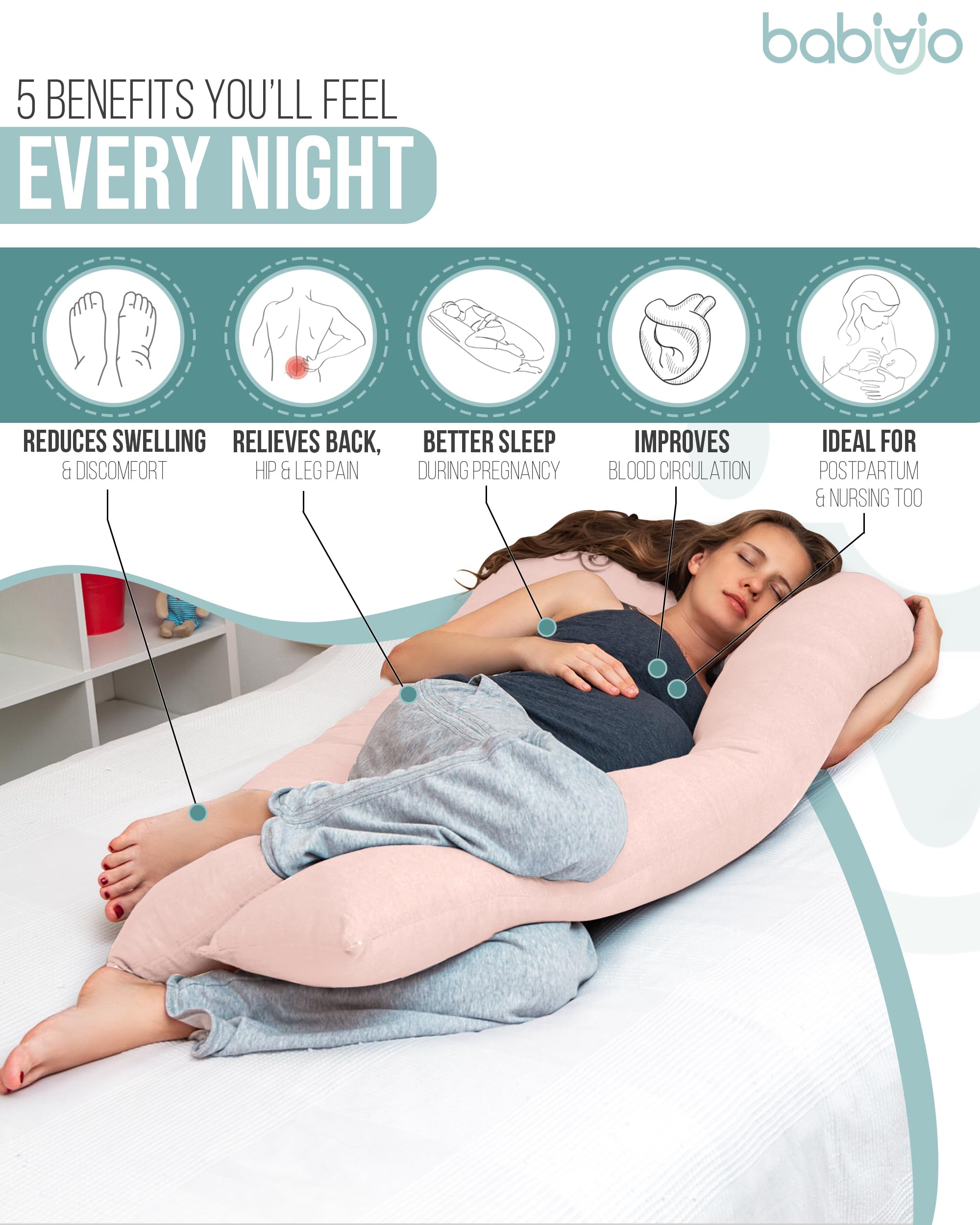 U-Shaped Pregnancy Pillow – 100% Cotton Cover, Full Body Maternity Support for Belly, Back and Legs – Bonus Eye Mask and Gift Box (Light Pink)