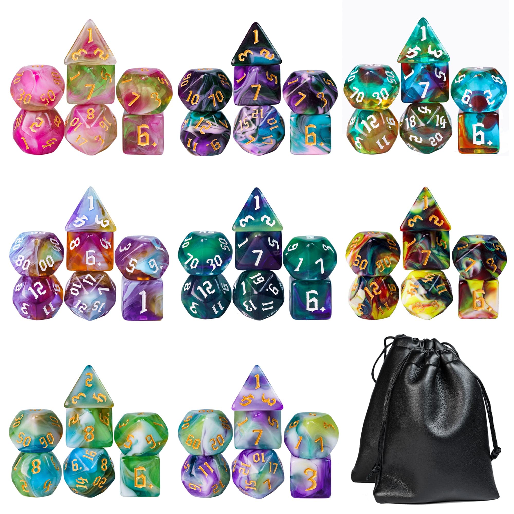 8 Sets Polyhedral Dice Set D&D, 56pcs DND Dice Set with 2 Large Leather Bag for RPG Table Games