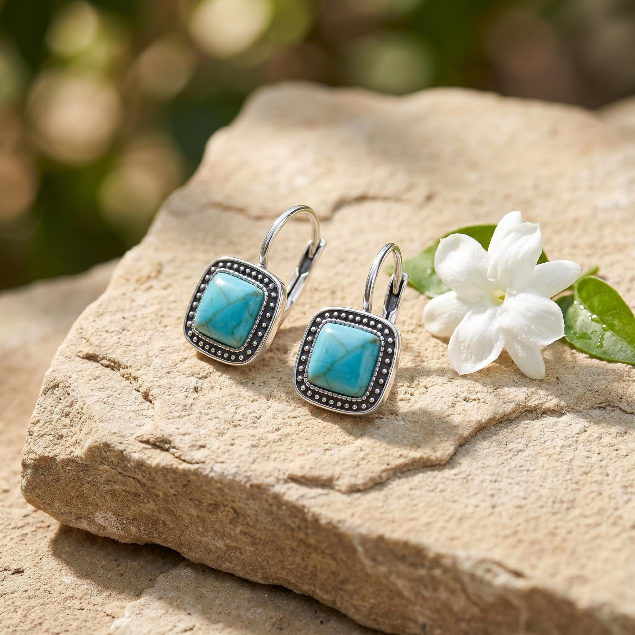 Ohrring mit natürlichem Türkis, 925er Sterlingsilber, Klappverschluss, quadratische Türkis-Hängeohrringe, Western-Schmuck, Geschenkidee für Damen