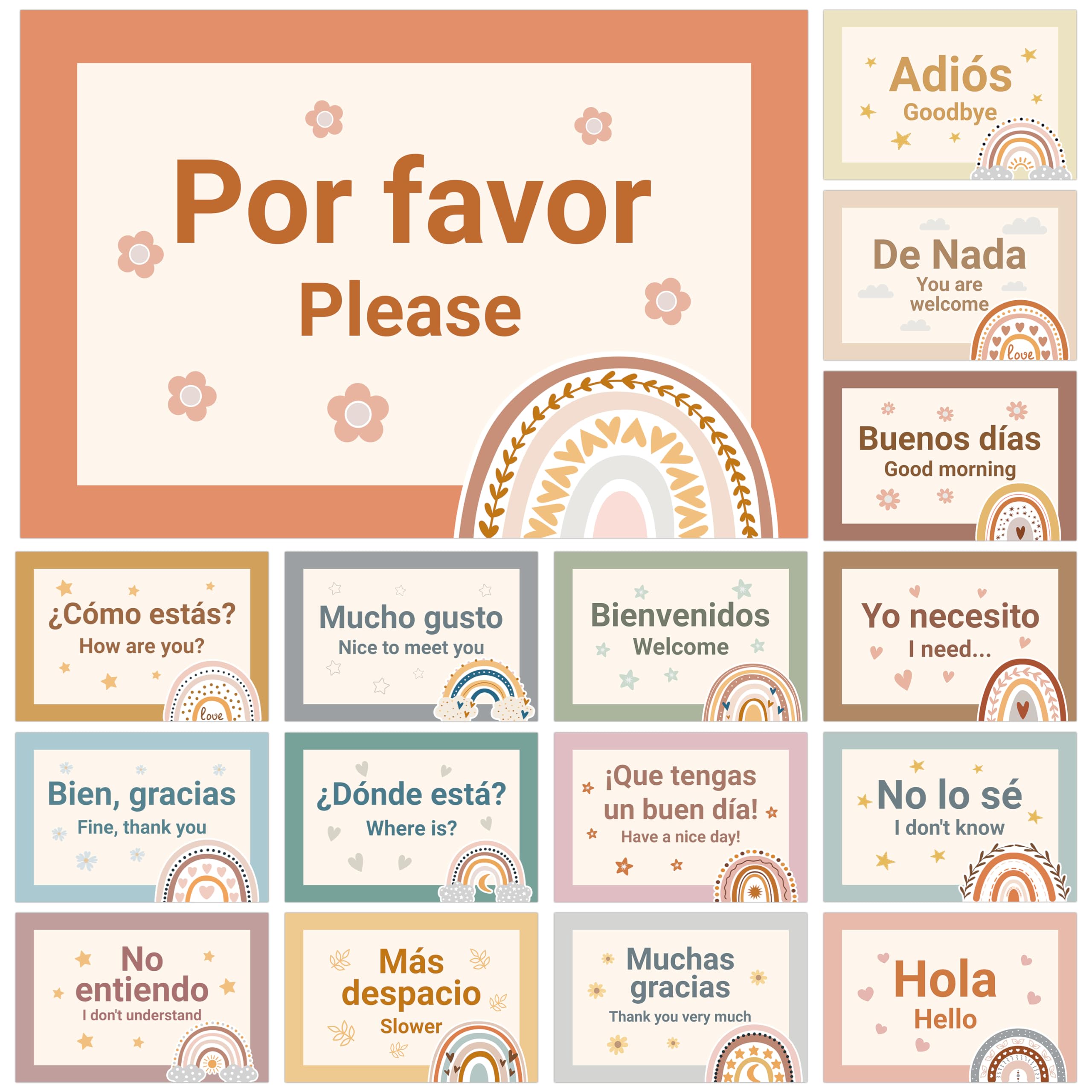 WATINC Spanish Words Phrases Poster - 16pcs Spanish Posters Set Classroom Decorations, Bilingual Study Learning Materials Teacher Supplies, Spanish Educational Language Bulletin Board for School Decor