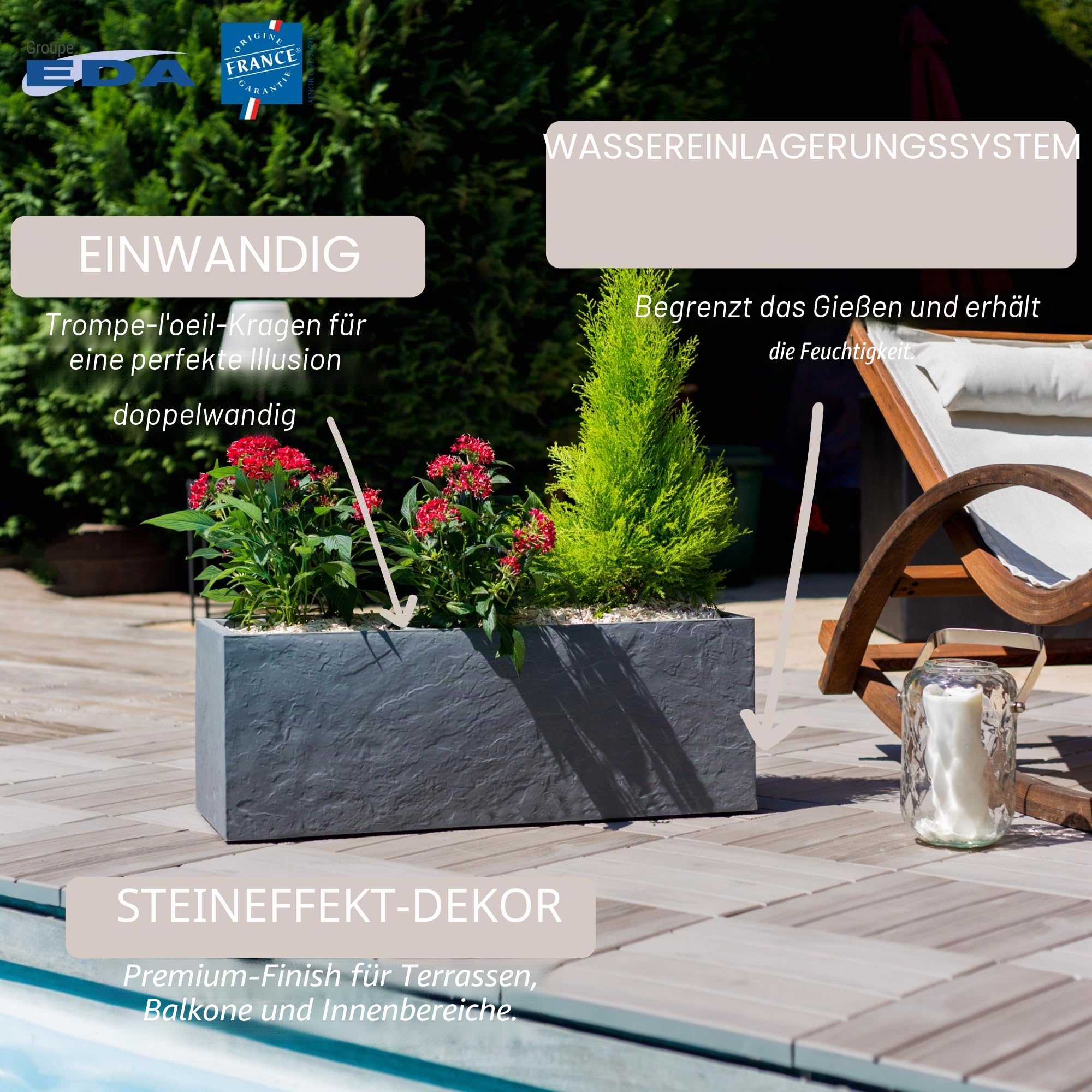 EDA - Blumenkasten Volcania'Up 57 l – Dekor Steinoptik – einwandig – Wasserspeicherzone – 79,5 x 29,5 x 29,5 cm – Anthrazitgrau