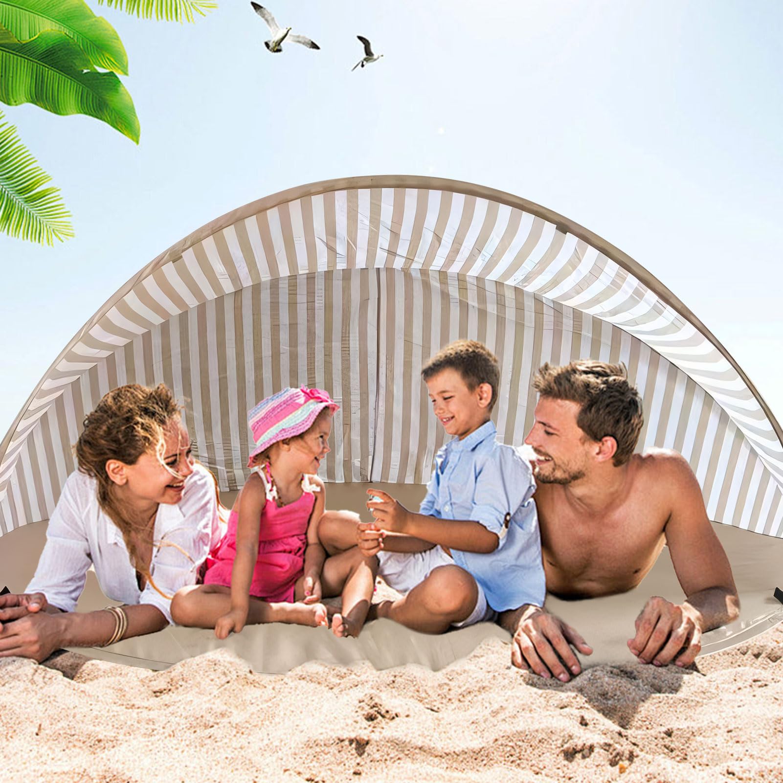 Tente de plage Pop Up pour 3 à 4 personnes, avec protection UV 50+, portable, automatique, coupe-vent, avec sac de transport et sardines, pour la famille, le camping, le jardin, kaki