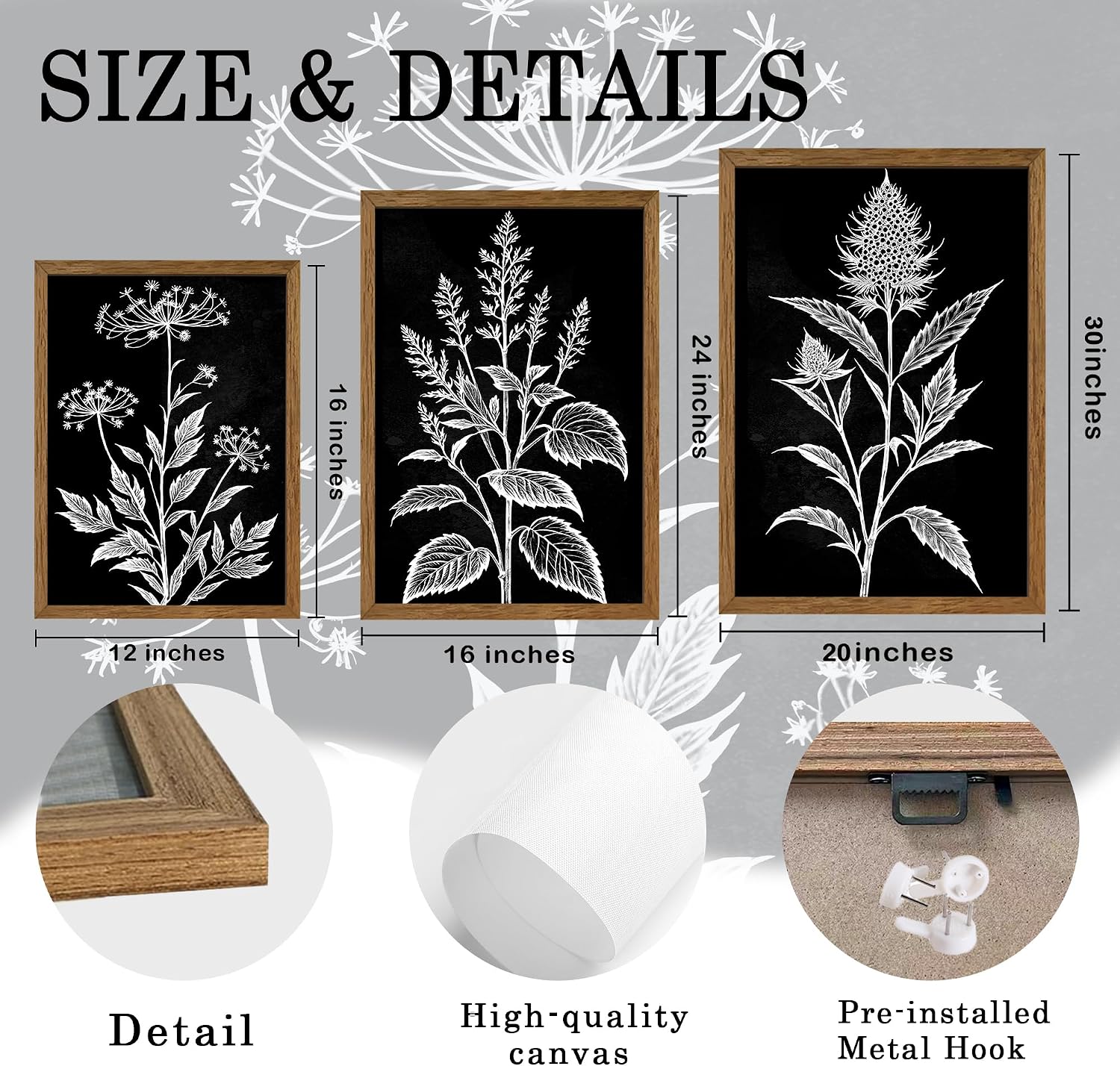 AVECCO Set of 3 Wood Framed Botanical Wall Art, Minimalist Black and White Plant Line Wall Decor, Easy to Hang Fade Resistant Canvas Art Prints for Living Room Bedroom Office, 12x16 Inch