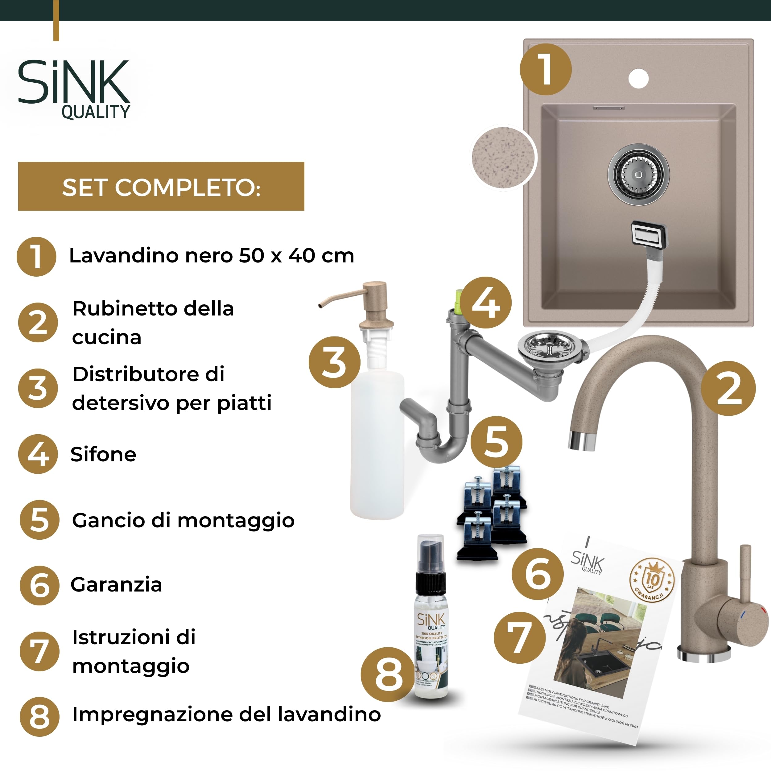 SINK QUALITY - Set completo di lavello in granito, 40 x 50 cm, con rubinetto da cucina, dispenser di sapone, sifone e impregnazione, lavello senza scolapiatti per mobiletti a partire da 40 cm di