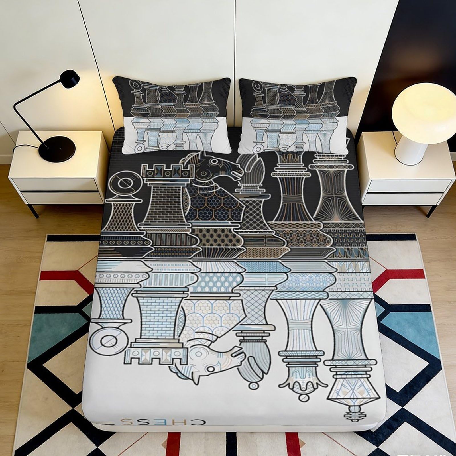 3D Printed Chess Art Fitted Sheet Microfiber Soft Grey Black Blue Board Mattress Cover Bedroom Decor 90x200x25cm