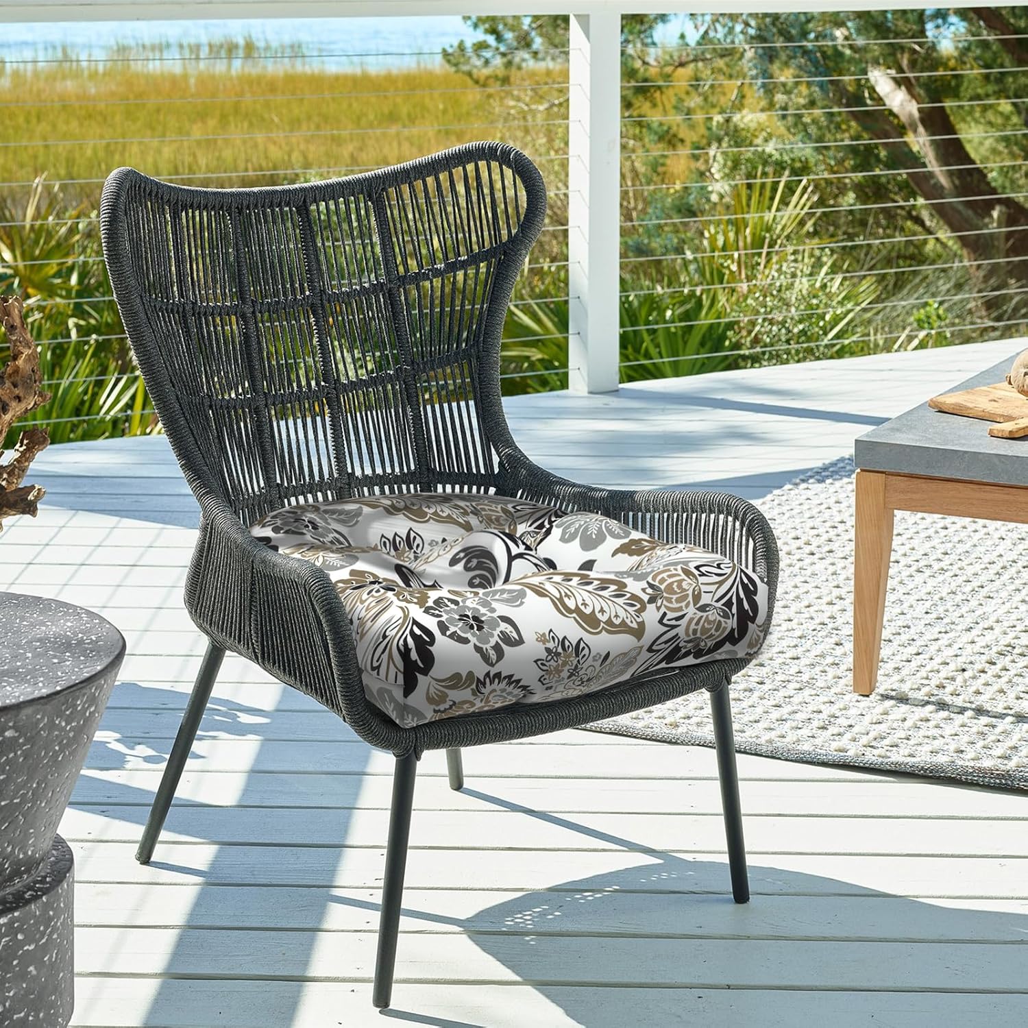 DYTXIII Set of 2 Outdoor Chair Cushions 19"x19"x4", Water Repellent Tufted Patio Seat Cushions with Ties, Thick Replacement Pads for Wicker Dining Chairs, Patio Furniture, Dailey Tan