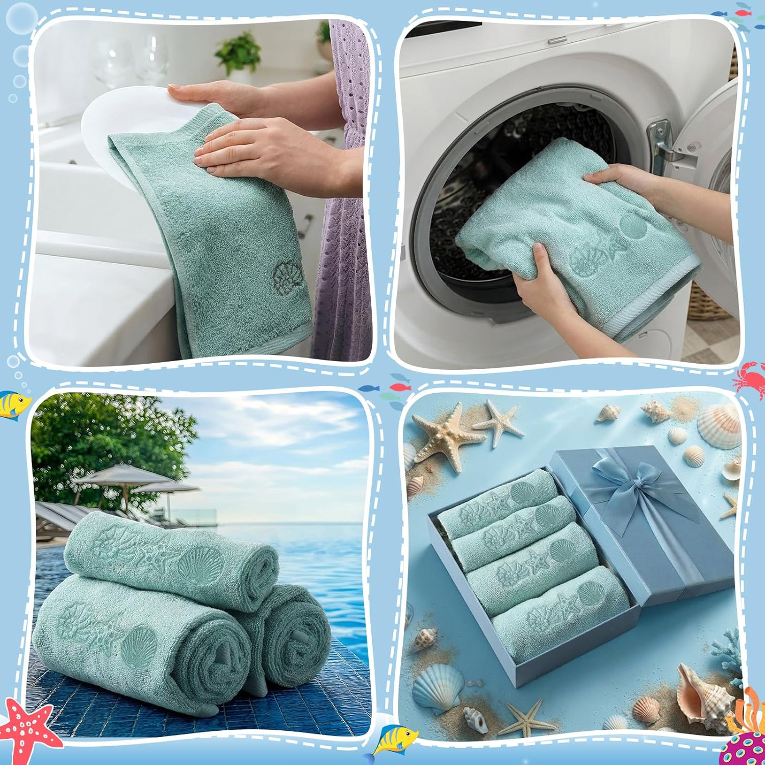 Boao 6 Pack Coastal Bathroom Towel Set Beach Ocean Cotton Embroidered Towels for Bathroom Shell Starfish Conch Bath Decoration Set Soft Absorbent for Drying Shower Supplies