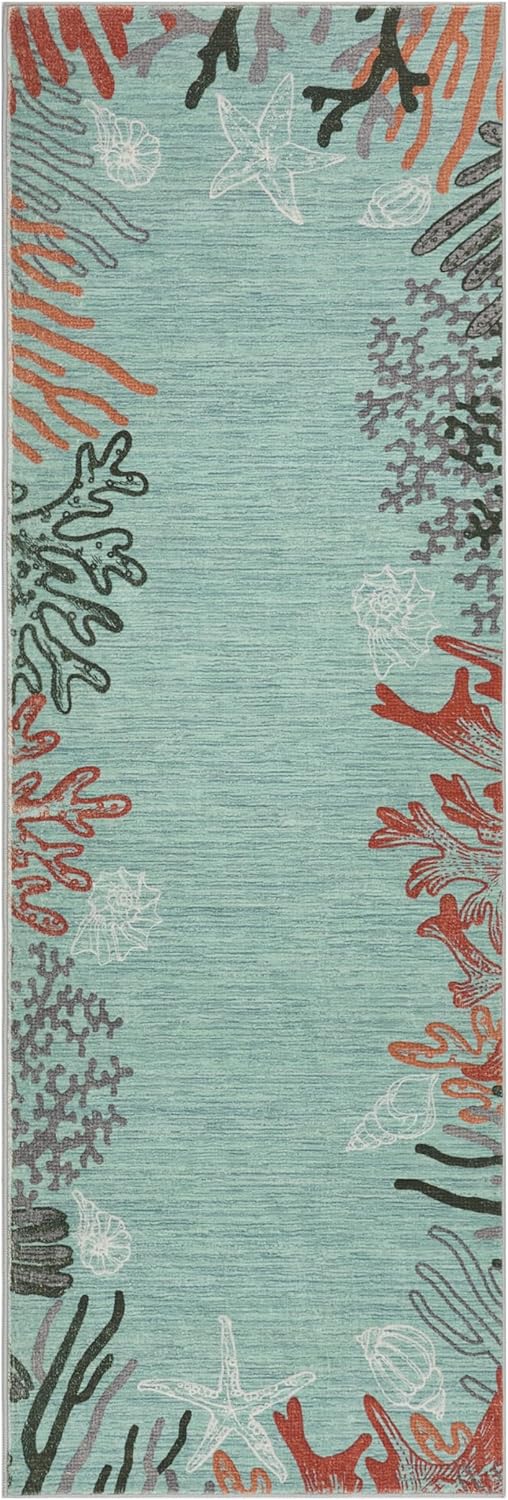 Seaside Coral Style Soft Machine-Washable Faux Wool Stain Resistant Rug Rubber Non-Slip Backing for Playroom Bathroom Living Room Bedroom Bedside Beachy Coastal Nautical Rug (Aqua, 5' Round)