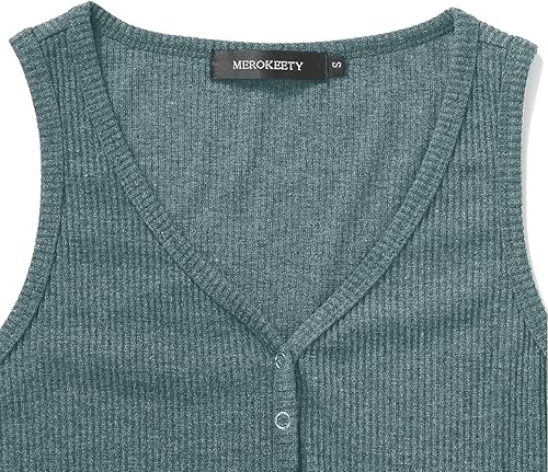 Miniatura 7 de MEROKEETY Blusas sin mangas de verano 2026 para mujer, cuello en V acanalado, elegantes casuales estilo Henley con botones, camisetas holgadas tipo