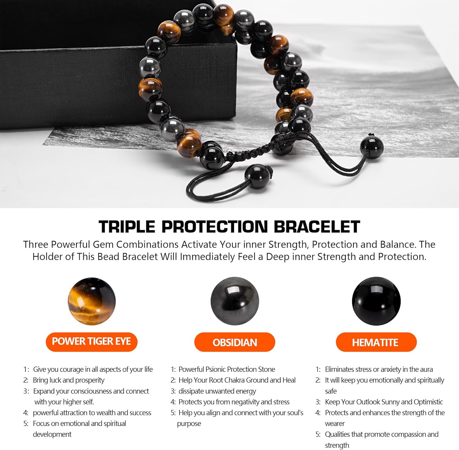 Triple Protection Bracelet - Bracelet for Men and Women Natural Tiger Eye Stone Hematite and Obsidian 8mm Healing Crystal Bracelet Good Luck Prosperity Health