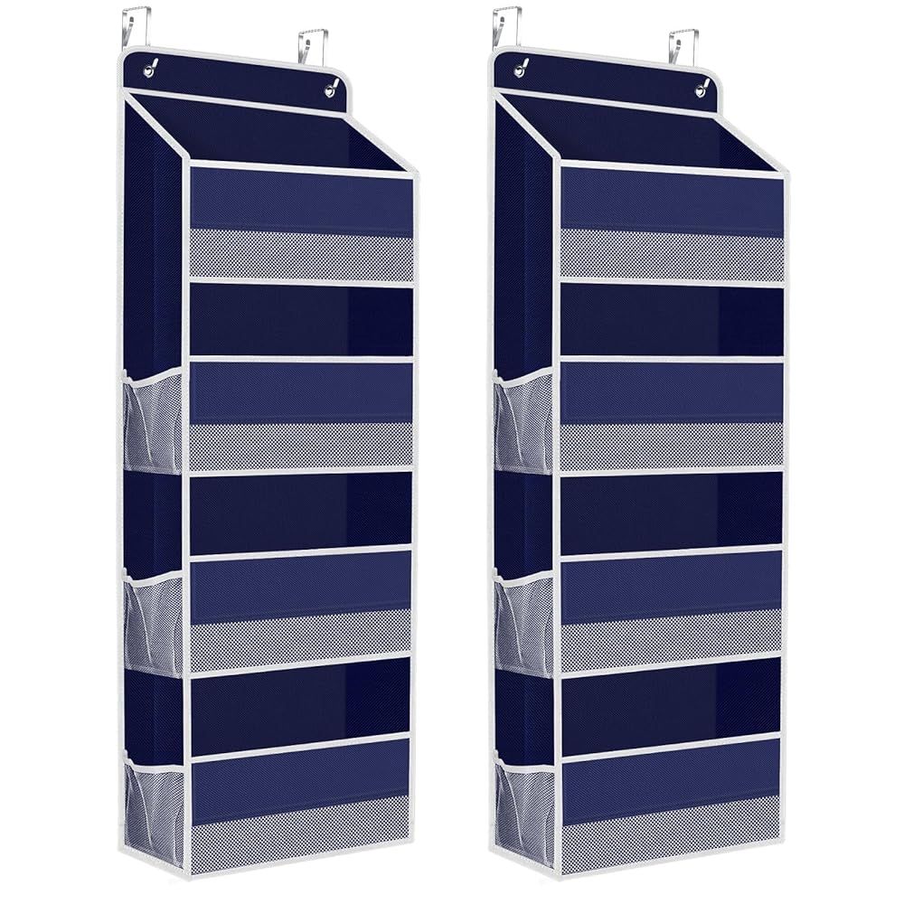 SpaceHacks 2 Pack Over The Door Organizer, Hanging Storage Organizer with Clear Window, 40lb Ultra Sturdy Large Capacity Room Organizer for Pantry Laundry Bathroom Nursery Closet (Blue)