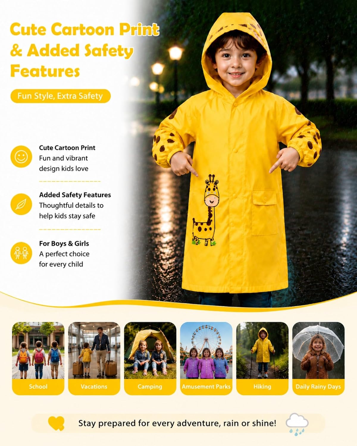 Kids Waterproof Raincoat with Backpack Space, Hooded Rain Jacket for Boy Girl
