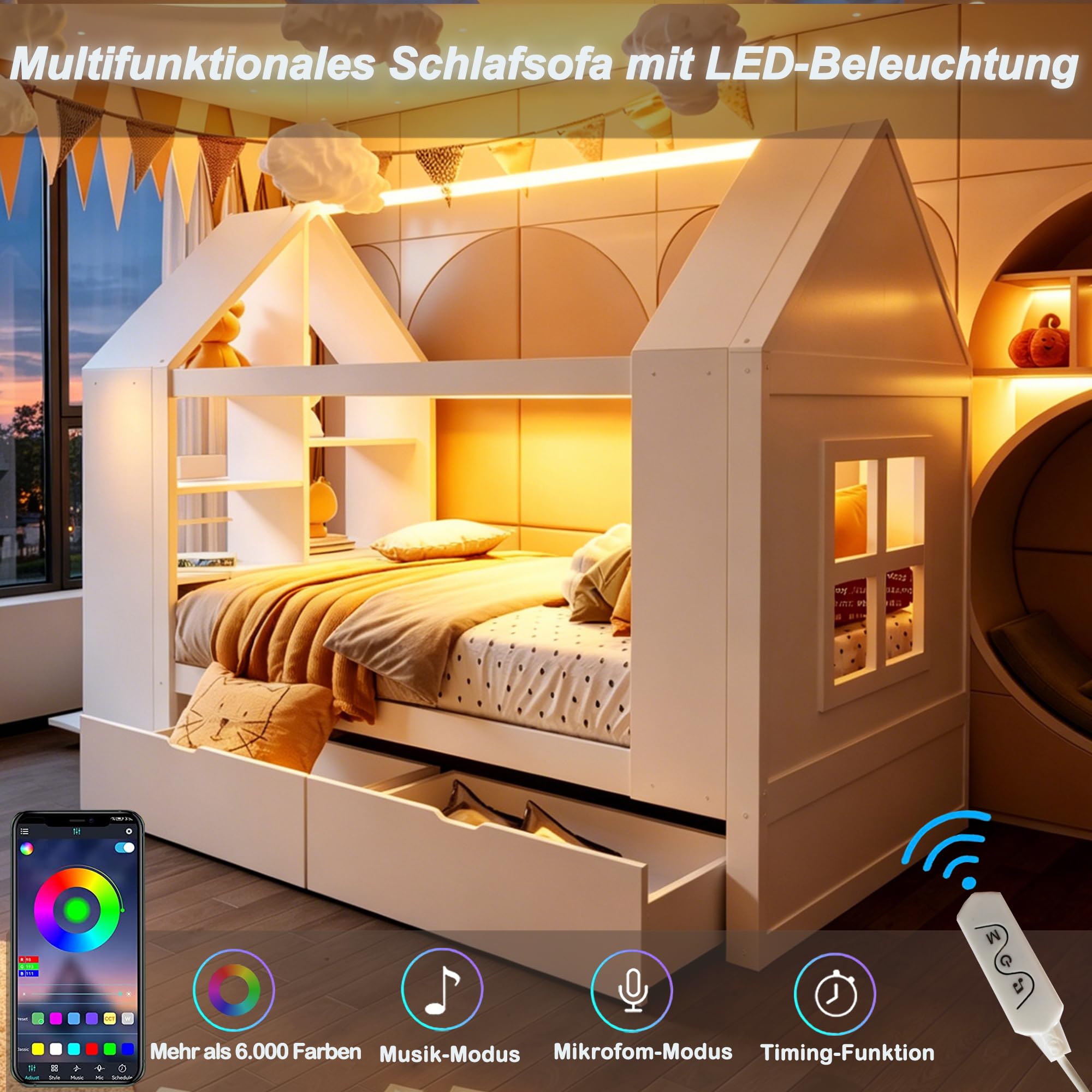 Kinderbett 90x200 Hausbett mit LED und Stauraum, Einzelbett mit Schubladen, Holzbetten für Kinder und Jugendliche, Massivholz Weiß