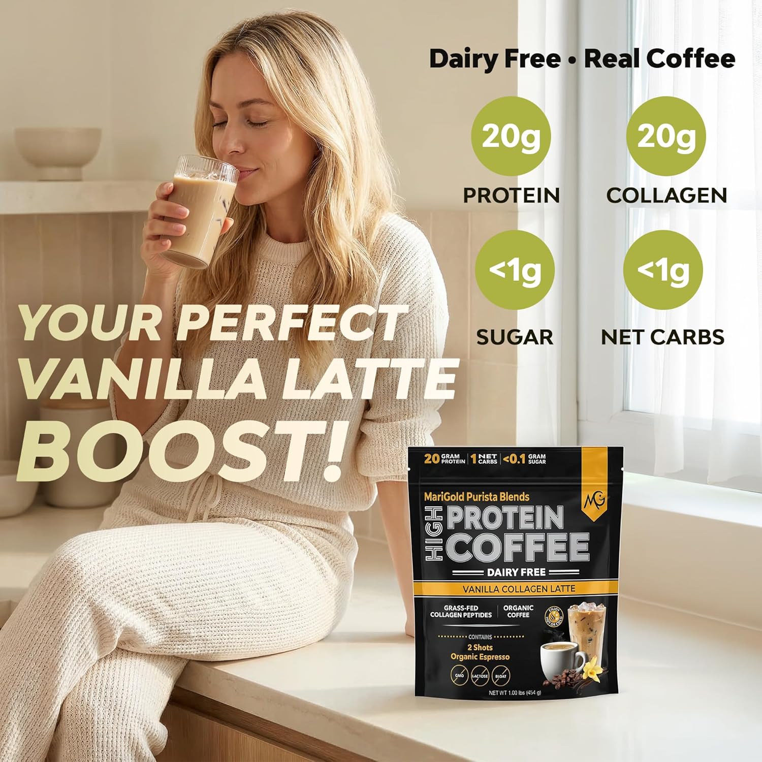 MariGold High Protein Collagen Coffee - Vanilla Collagen Latte, Dairy Free, 20g Grass-Fed Type I & III Collagen Peptides, Energy Boost, 2 Shots Organic Espresso, Non-GMO, 1 Lb Bag, 15 Servings