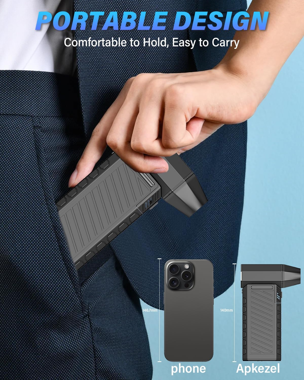 Apkezel Air Duster shown next to a smartphone for size comparison, highlighting its portability