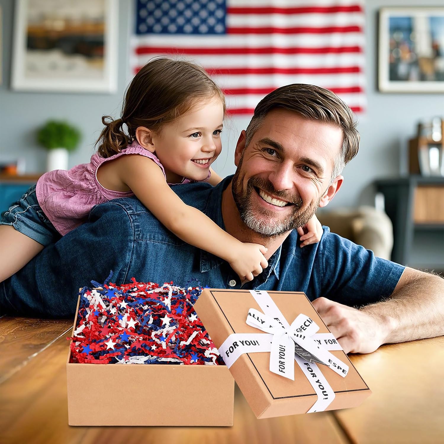 Jansun Patriotic Red White Blue Crinkle Cut Paper, 115g/4oz Shred Filler with Red White Blue Star Confetti for Memorial Day Veterans Day Gift Wrapping 4th of July Craft DIY Independence Day Decoration