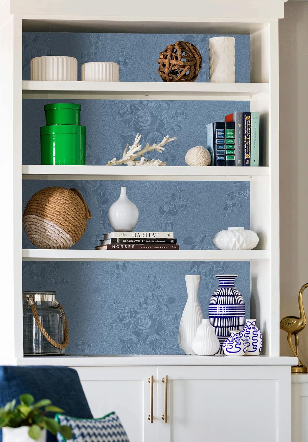 Erfoni 394"x17.7" Grey Blue Floral Embossed Wallpaper for Livingroom Decorative Thicken Peel and Stick Wallpaper Floral Textured Removable Contact Paper Vintage Pure Blue Self Adhesive Wall Paper