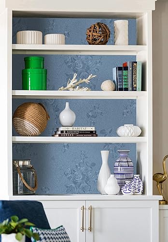 Miniatura 5 de Erfoni Papel tapiz autoadhesivo con textura floral gris y azul para despegar y pegar, papel de contacto grueso en relieve, papel tapiz autoadhesivo