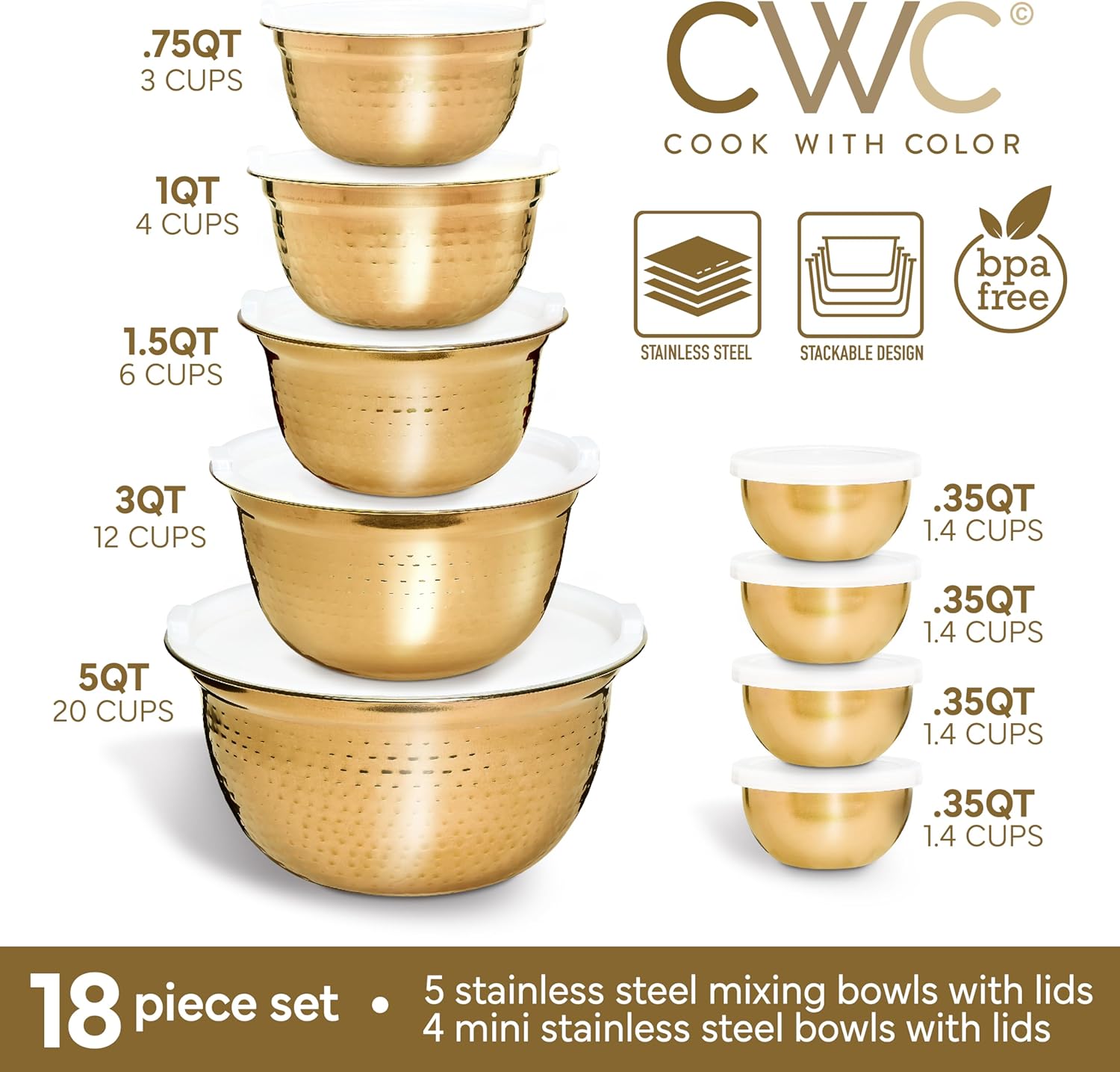 COOK WITH COLOR 18 Piece Mixing Bowls Set with Airtight Lids, Handcrafted Stainless Steel Bowls, Food Storage Containers, Meal Prep, Nesting Salad Bowls For Cooking, Baking, Kitchen, Gold- Hammered - Image 2