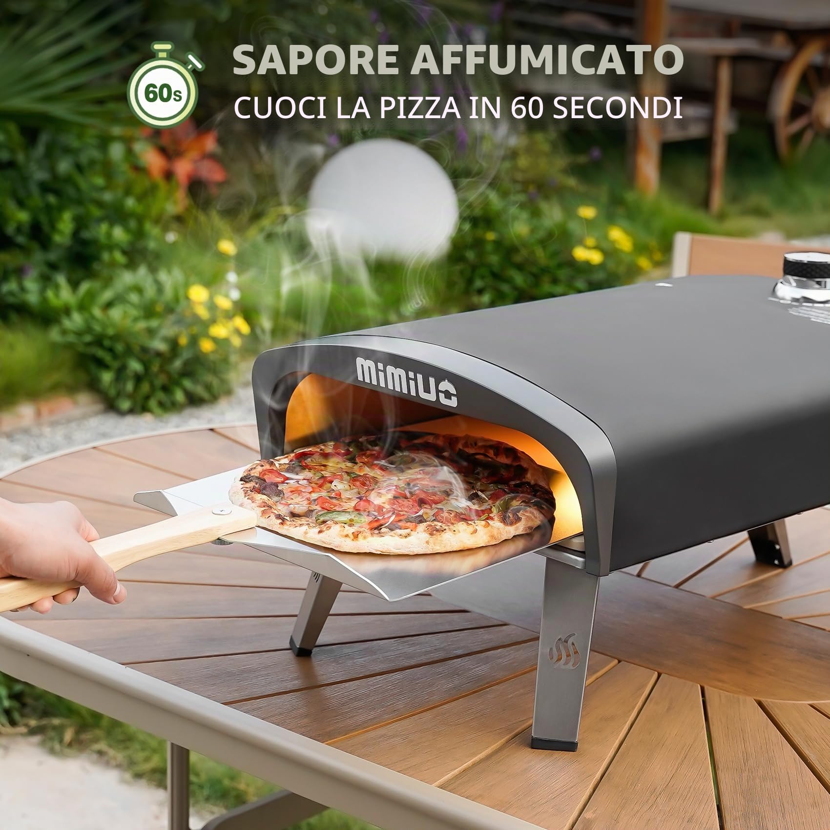 Mimiuo Forno per pizza a gas da esterno con regolatore del gas UK, forno classico portatile G-Oven rivestito di nero, include pietra per pizza e pala per pizza da 30,5 x 35,6 cm con manico in legno