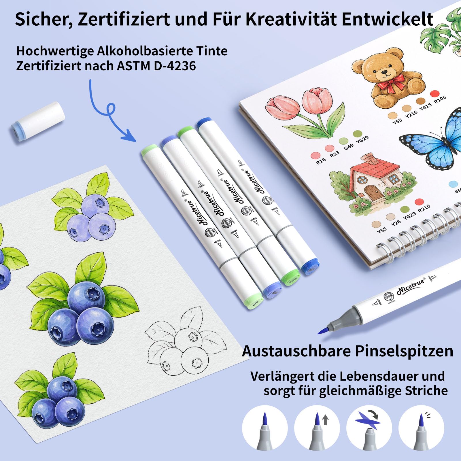 Alkohol Marker 216 Farben, Pinselspitze & Keilspitze Marker Set | Für Erwachsene & Künstler mit Skizzenbuch, Buntstiften, Farbkarte, Schutzblatt und Aufbewahrungstasche
