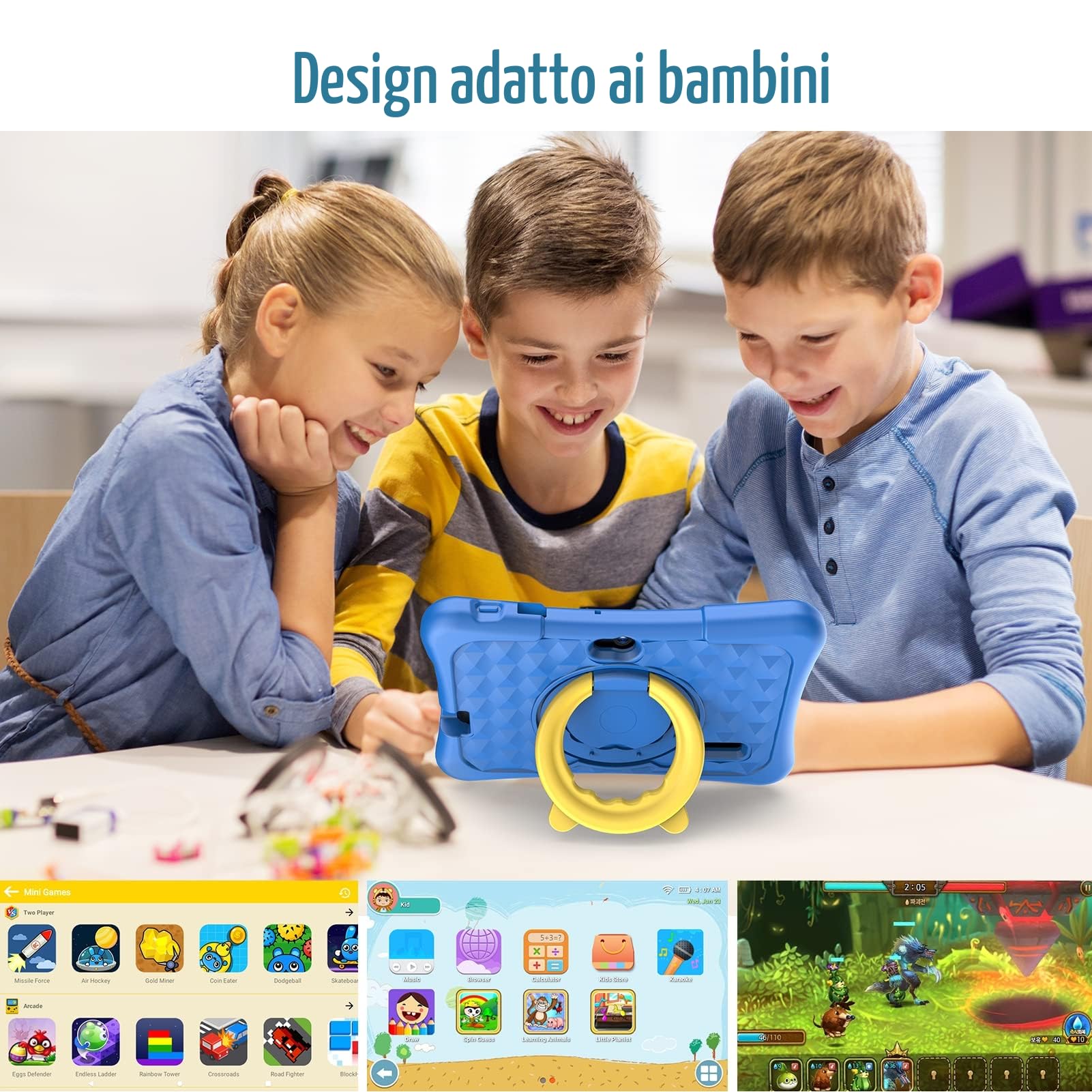 PRITOM Tablet per bambini 7 pollici Android 11, 2 GB RAM 32 GB ROM BT WiFi Doppia fotocamera Giochi educativi Controllo genitori Software con custodia per tablet di tipo C blu