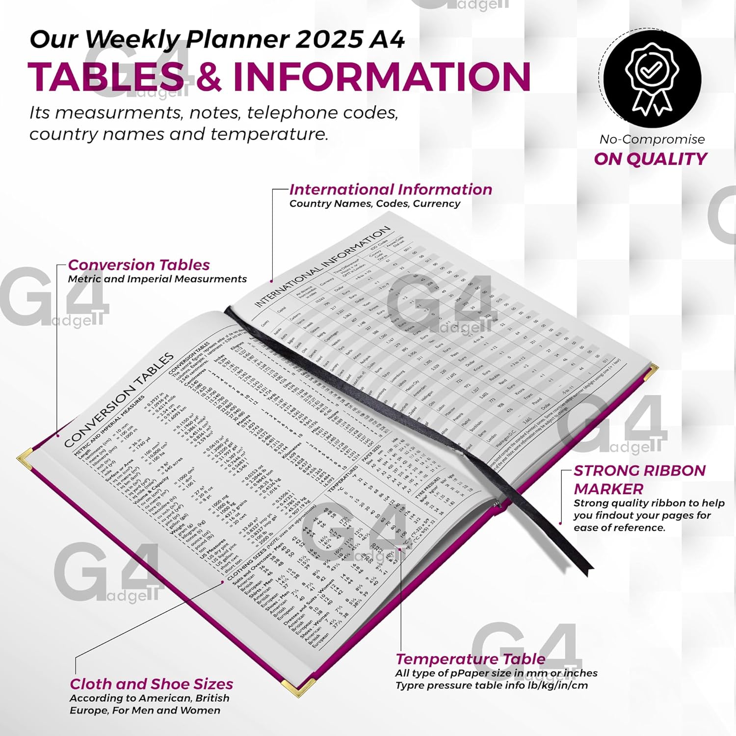 G4GADGET G4 2025 Purple A4 Week to View Diary Hardback Cover 80GSM Paper for Business Office & Home