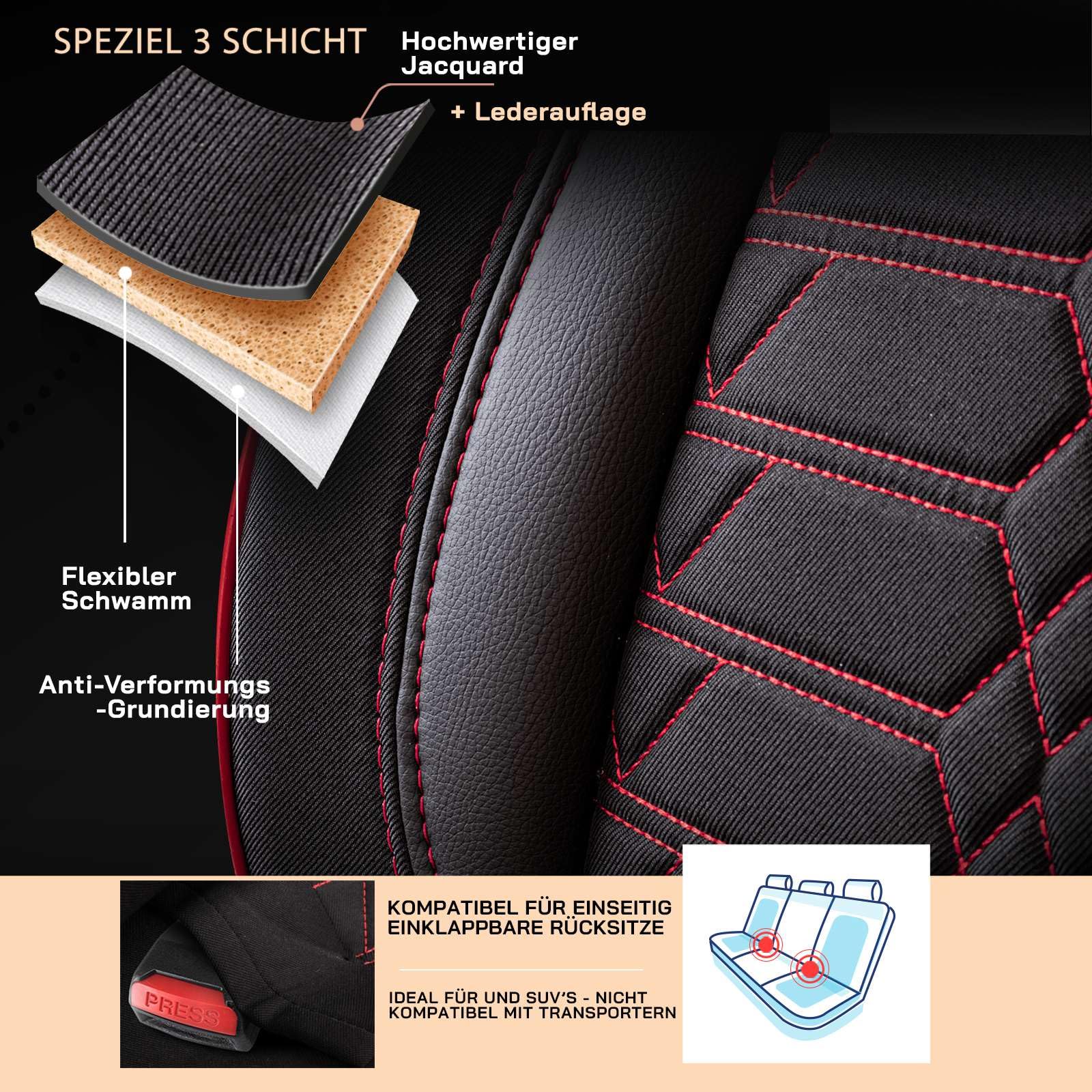 Autositzbezüge Universal – Premium Autozubehör Innenraum für PKW & SUV – Jacquard Sitzauflage, Autoschonbezug Auto, Airbag-kompatibel, Schwarz-Rot, Vordersitz-Set inkl. Montageset
