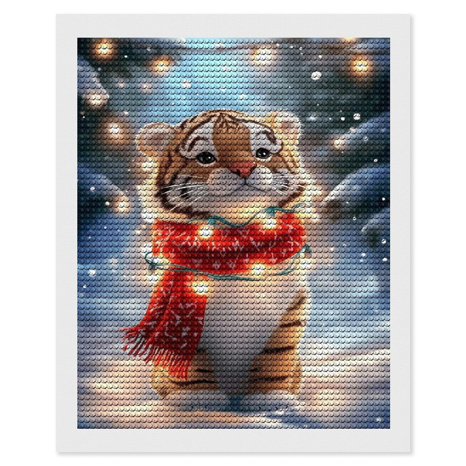 Junmoney Cute Tiger Cub in Winter Diamond Painting Canvas Set 16"x20", for Women, Mindful Craft Activity, Cosy Home Accent, Festive Craft Gift