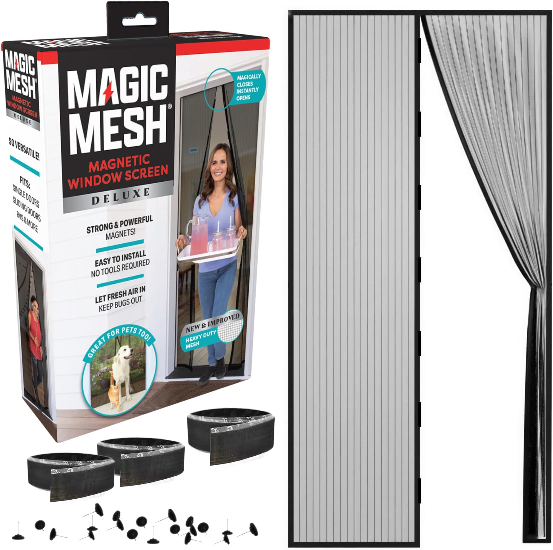 Magic Mesh Deluxe- Black- Hands Free Magnetic Screen Door, Mesh Curtain Keeps Bugs Out, Frame Hook & Loop, Hands Free, Pet & Kid Friendly- Fits Doors up to 39 x 83 Inches