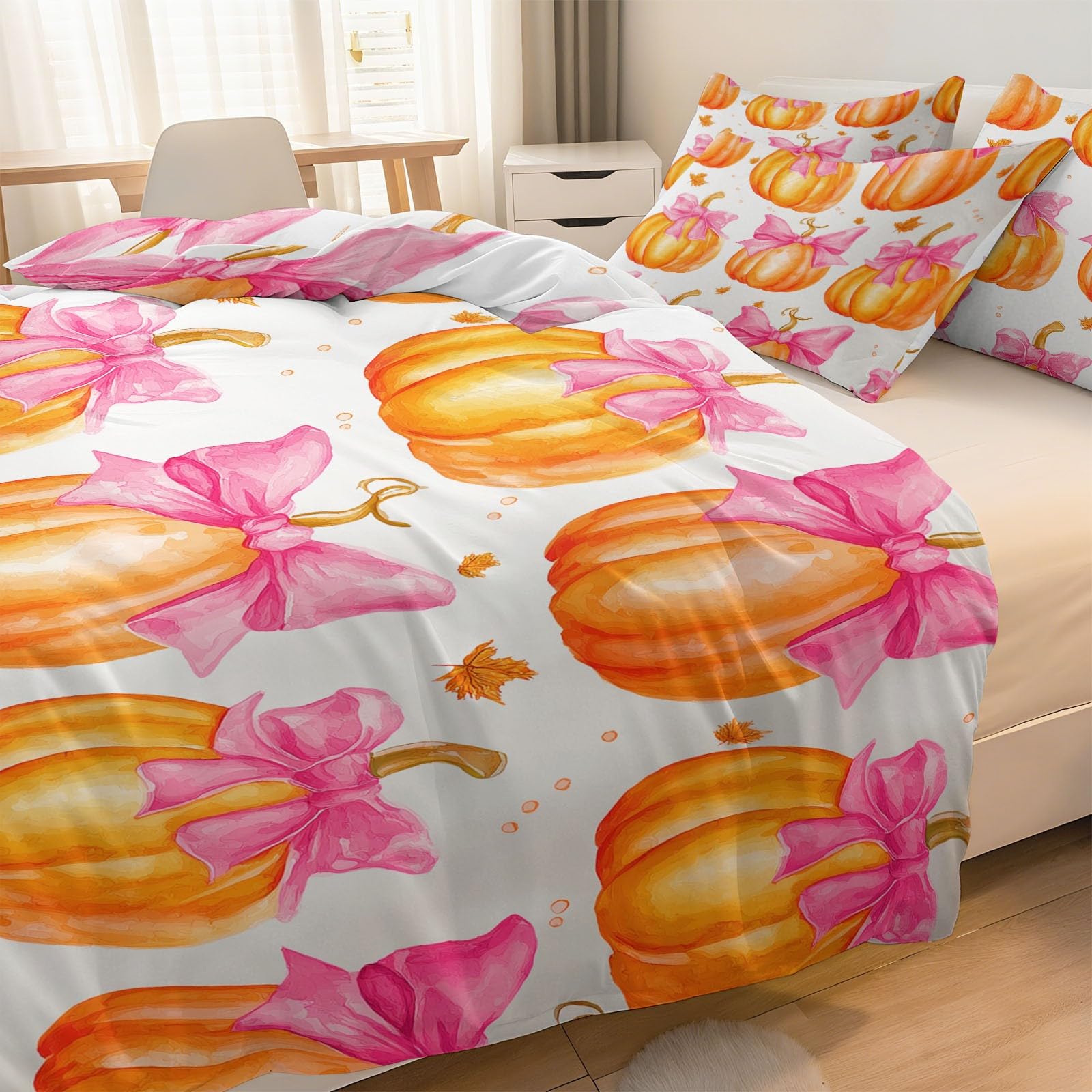 Zestaw pościeli akwarela styl dynia z kokardką, poszewka na kołdrę z mikrofibry rozmiar king size 230 x 220 cm dwustronna poszewka na kołdrę łatwa pielęgnacja łóżko miękkie przytulne zestawy pościeli