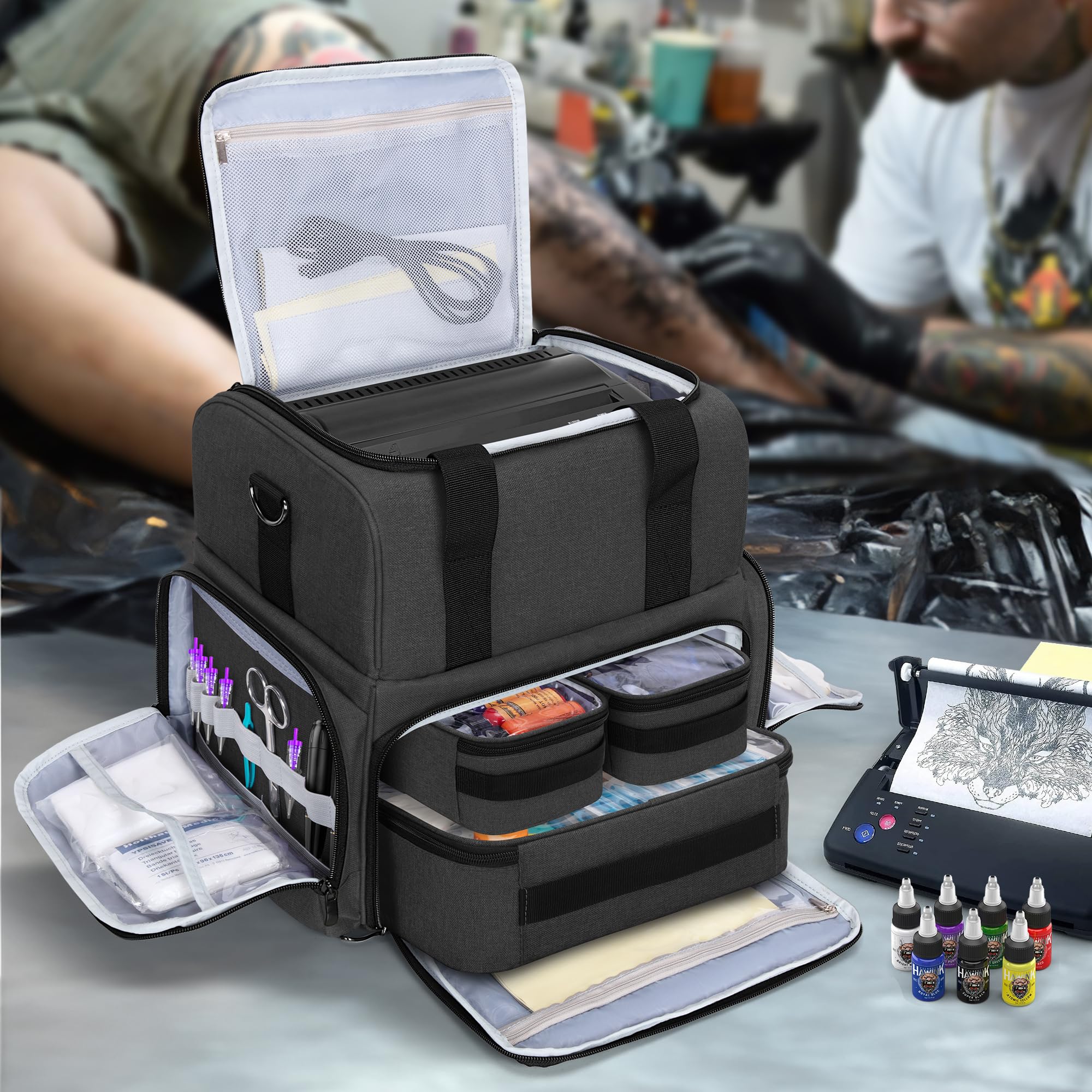 BAFASO Estuche de Transporte para Tatuajes, Bolsa para Tatuajes, Negro | Organizador de Suministros para Tatuajes con 3 Bolsillos Extraíbles, y Suministros de Tatuaje (Solo Bolsa)