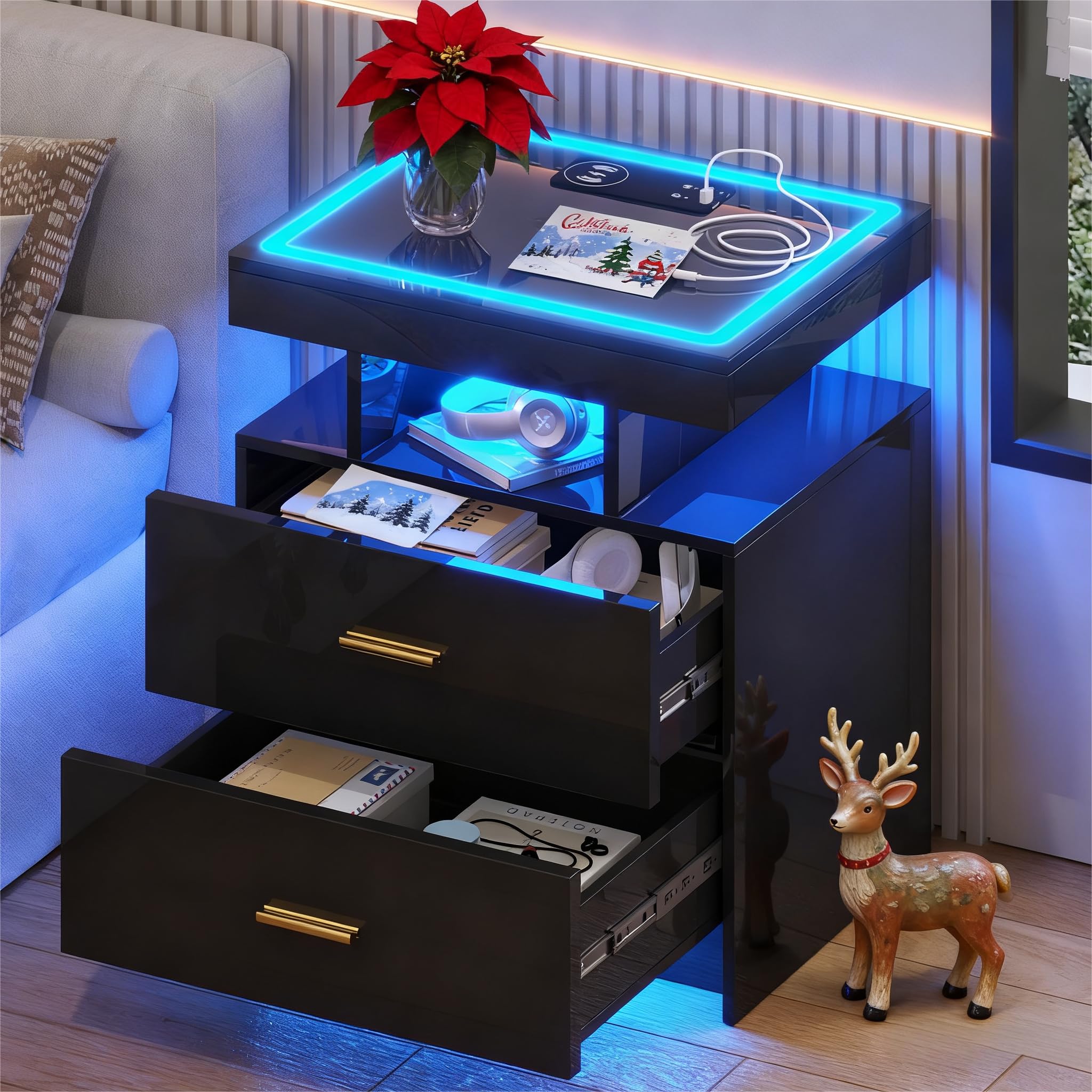 Gurexl LED Bedside Table with Wireless Charging Station, Glass Top