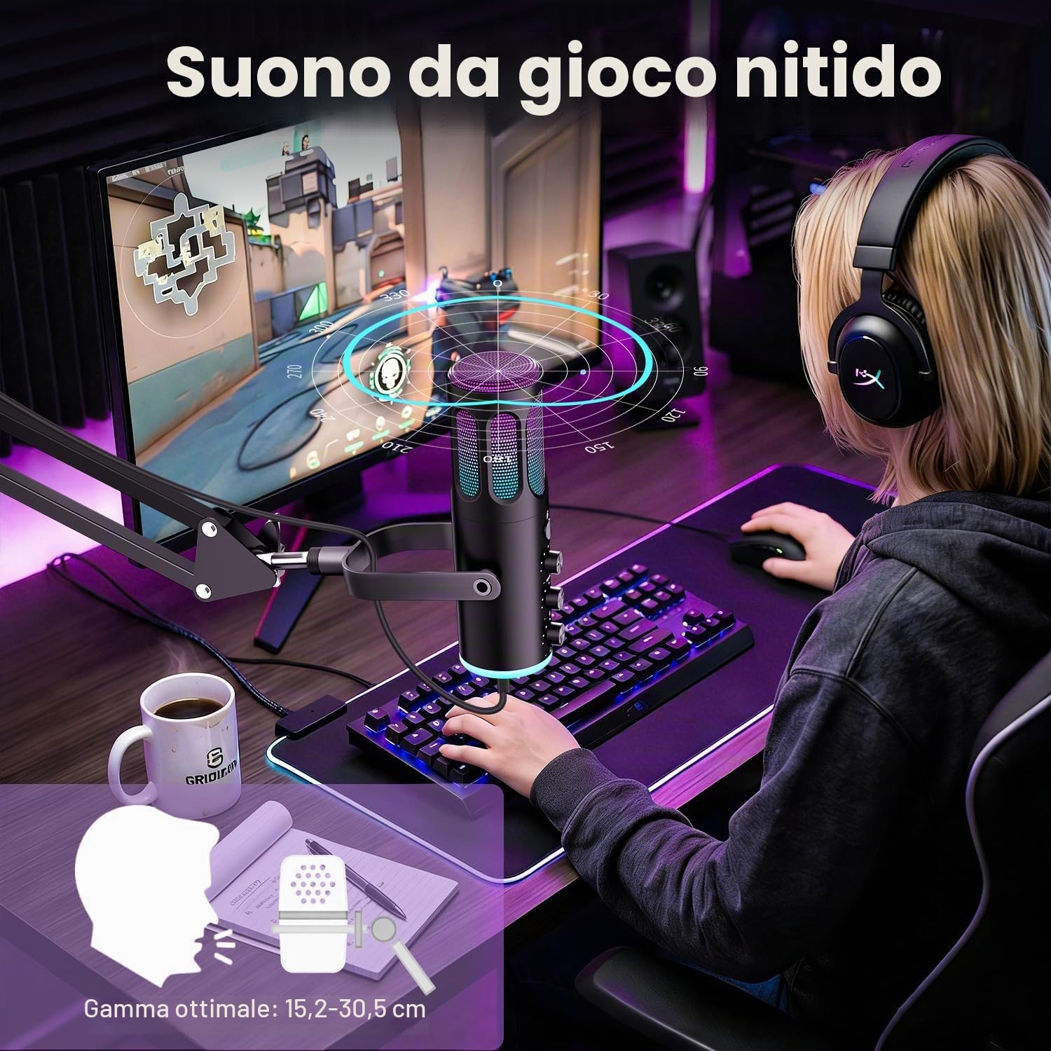 Ortizan Microfono da gioco USB, microfoni a condensatore per PC, PS4/5 e Mac, microfono podcast con cancellazione del rumore con muto, riverbero, monitoraggio, braccio regolabile, filtro per streaming